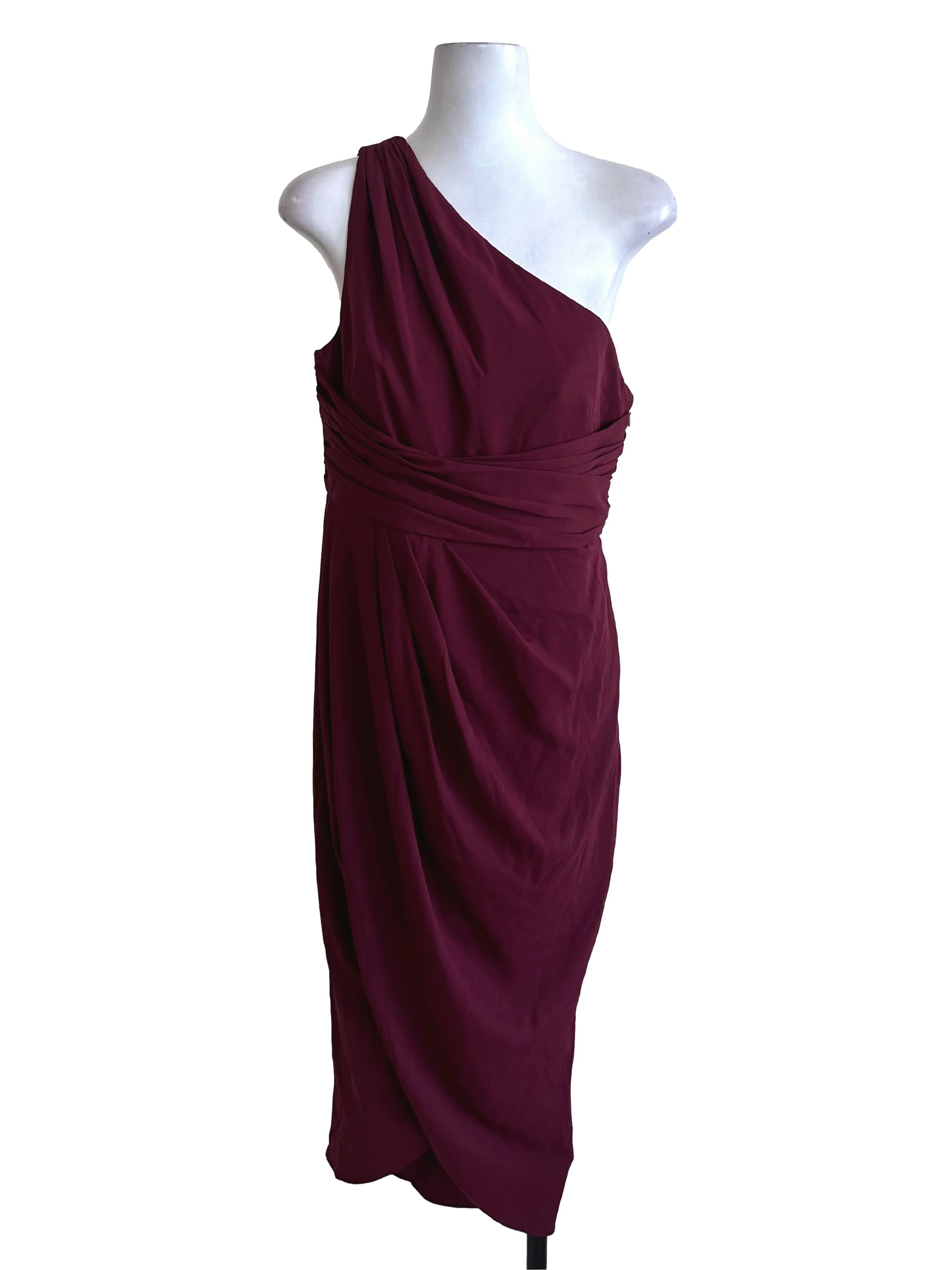 Maroon Red One Shoulder Drape Dress