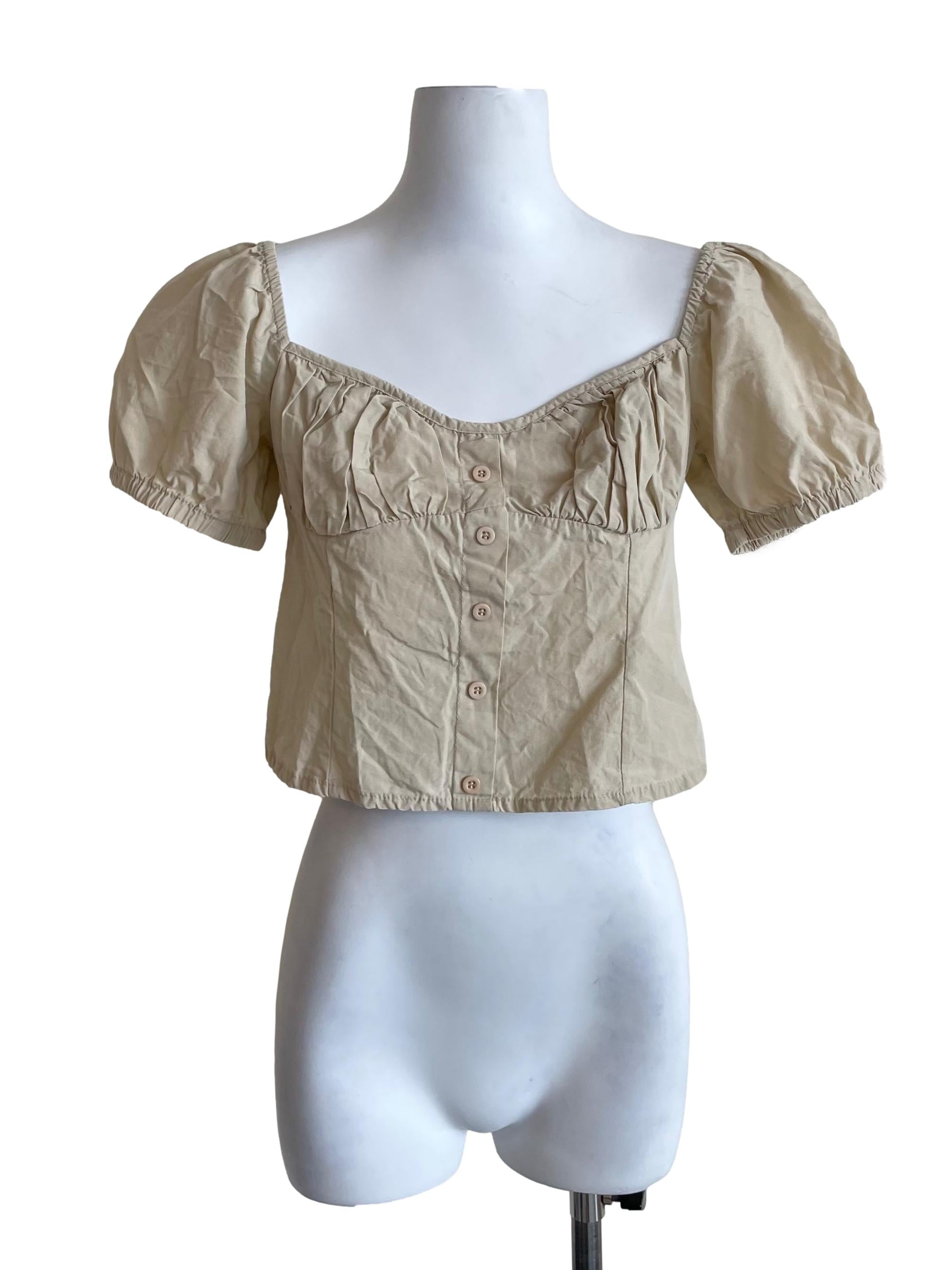 Linen Puff Sleeves Peasant Crop Top