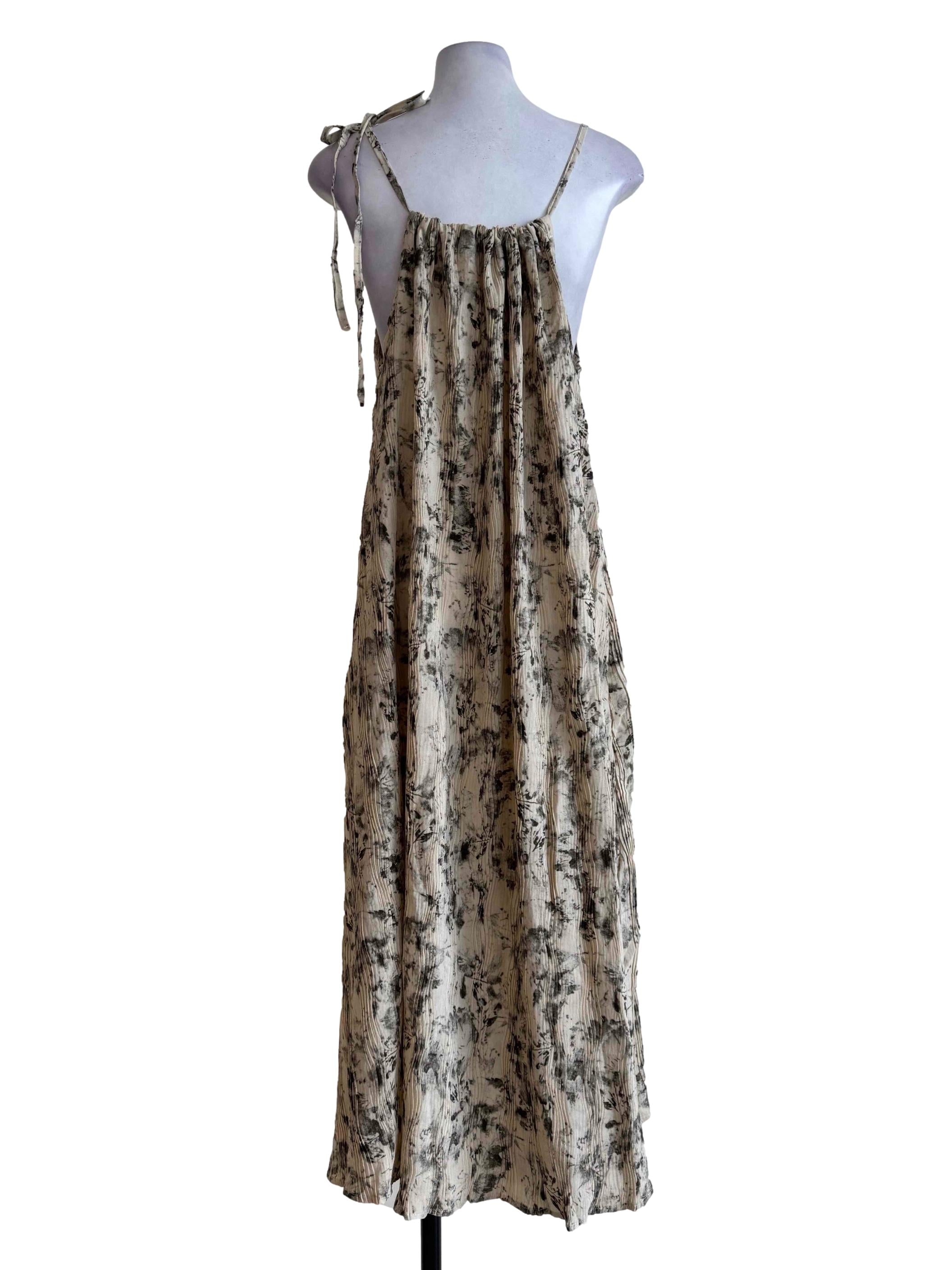 Abstract Milk Tea Pleated Sleeveless Dress