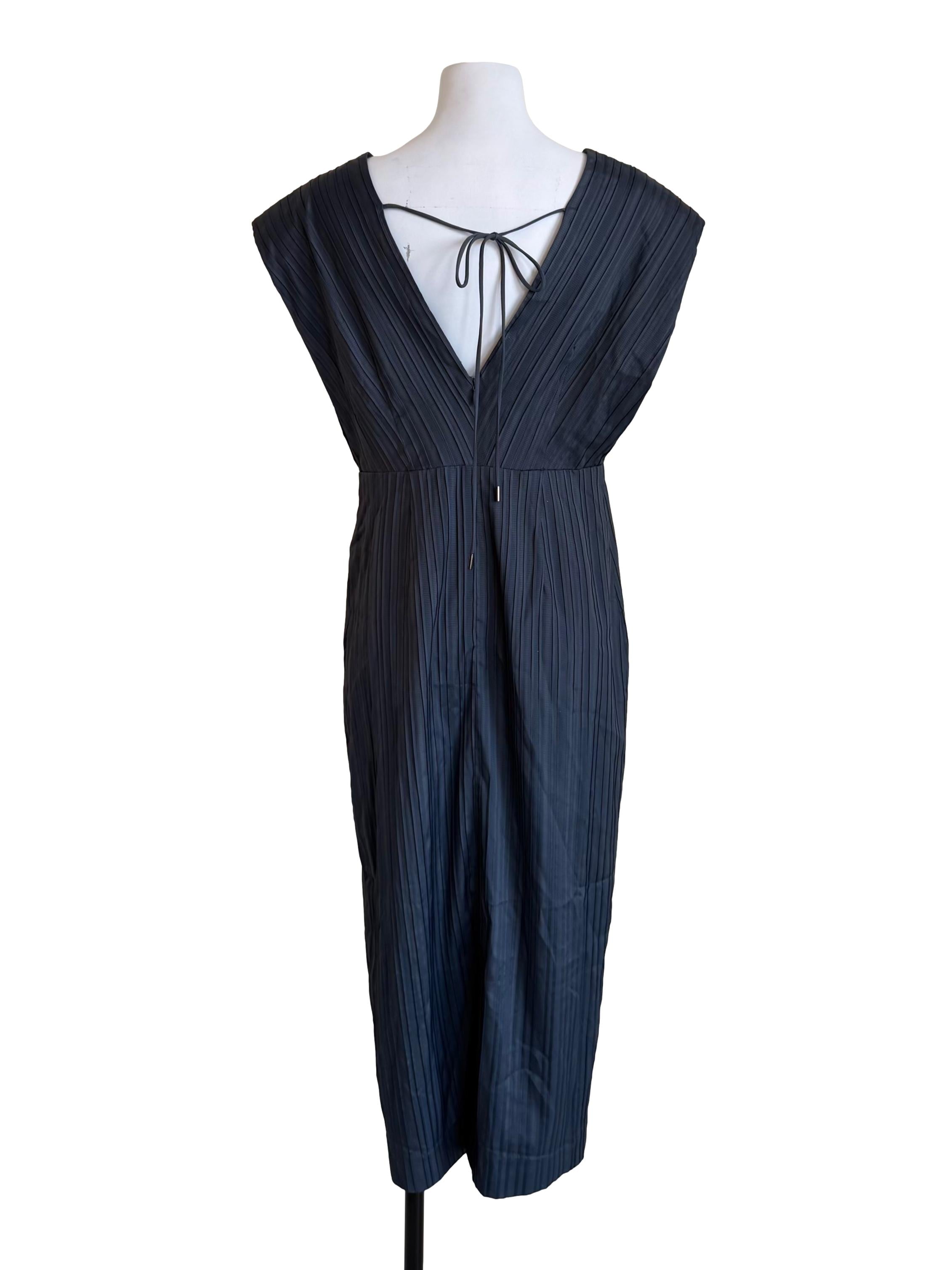 Shadow Grey Pleated V Neck Dress
