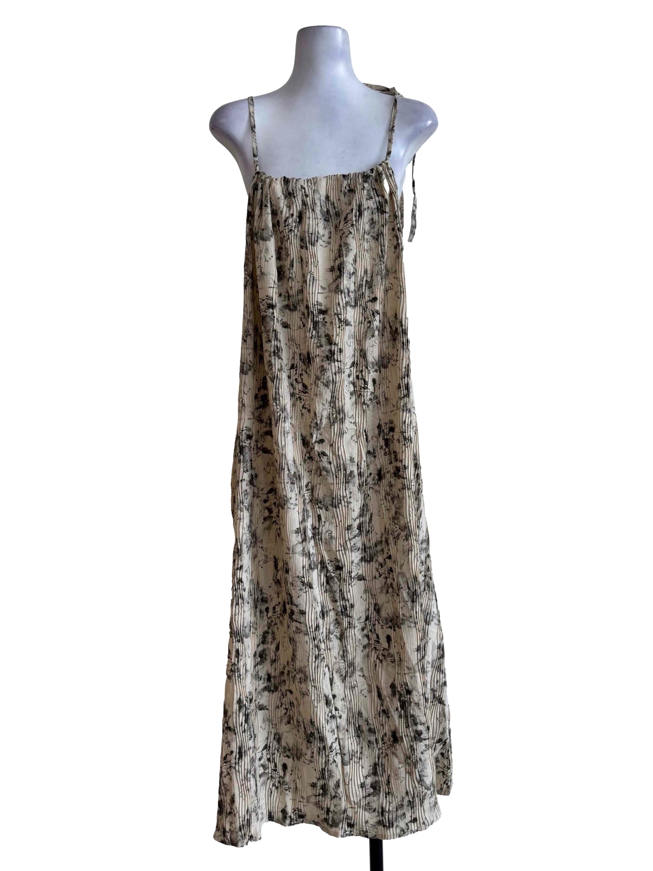 Abstract Milk Tea Pleated Sleeveless Dress