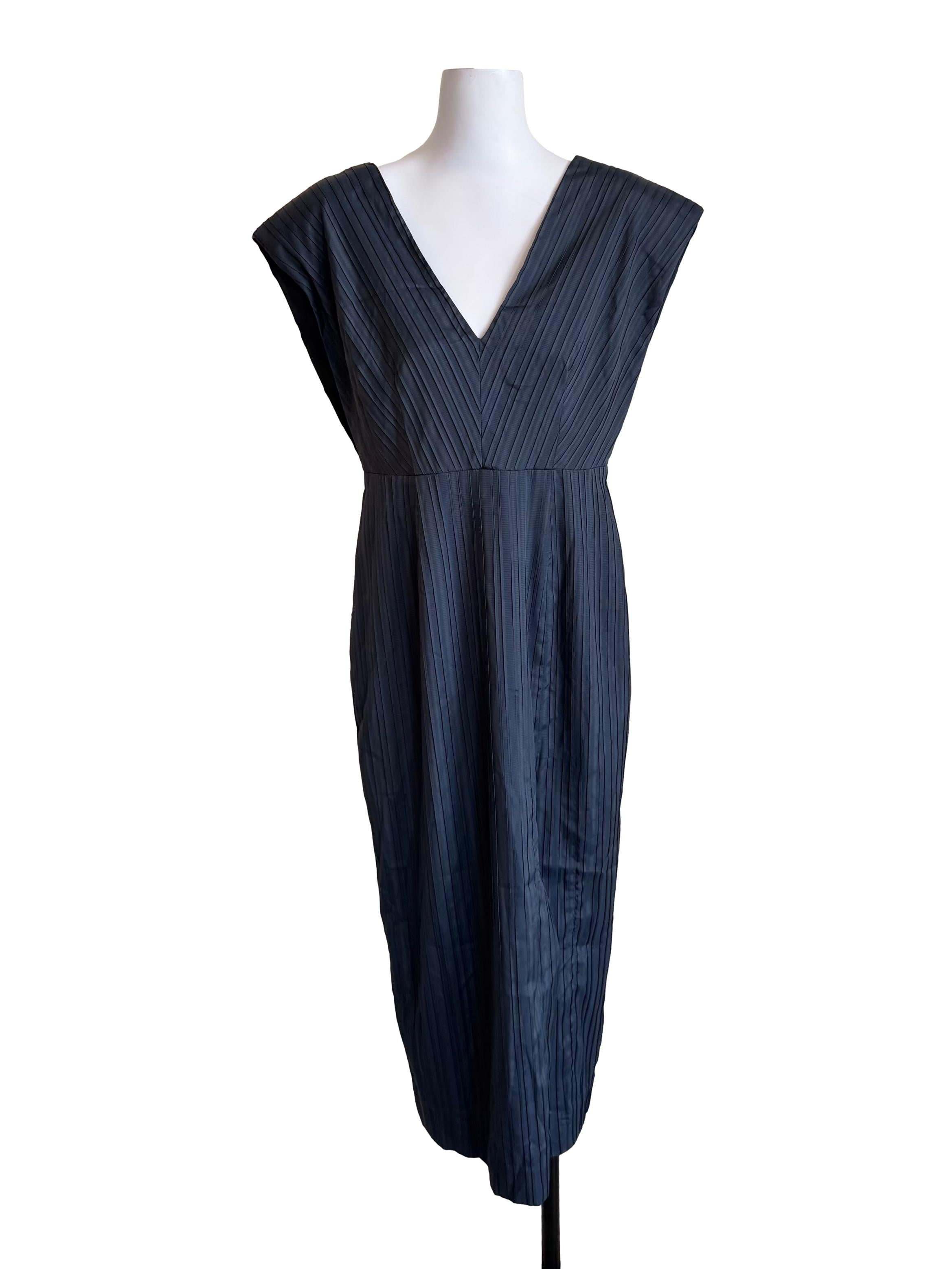 Shadow Grey Pleated V Neck Dress