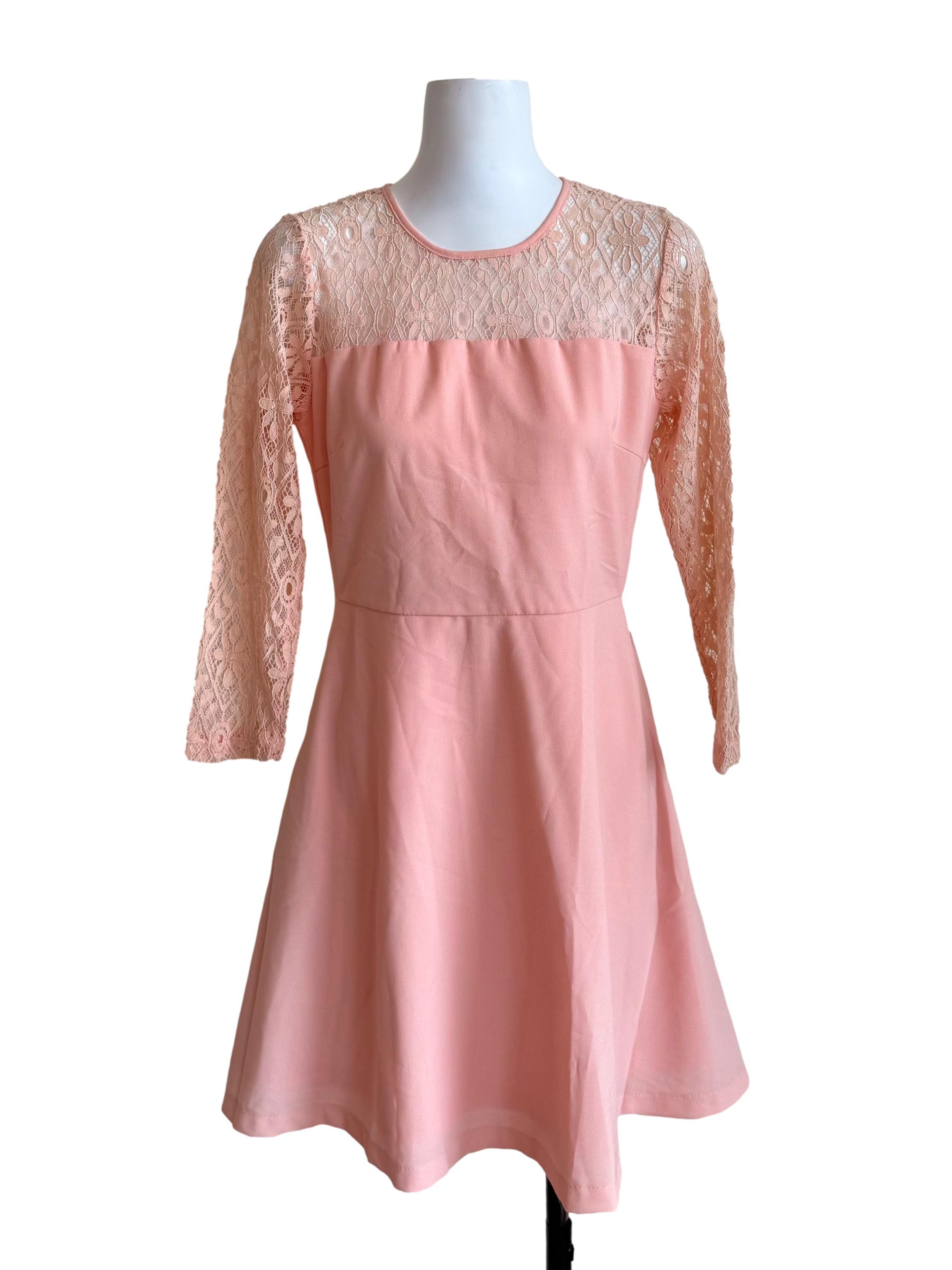 Pastel Peach Lace Sleeves A-Line Dress