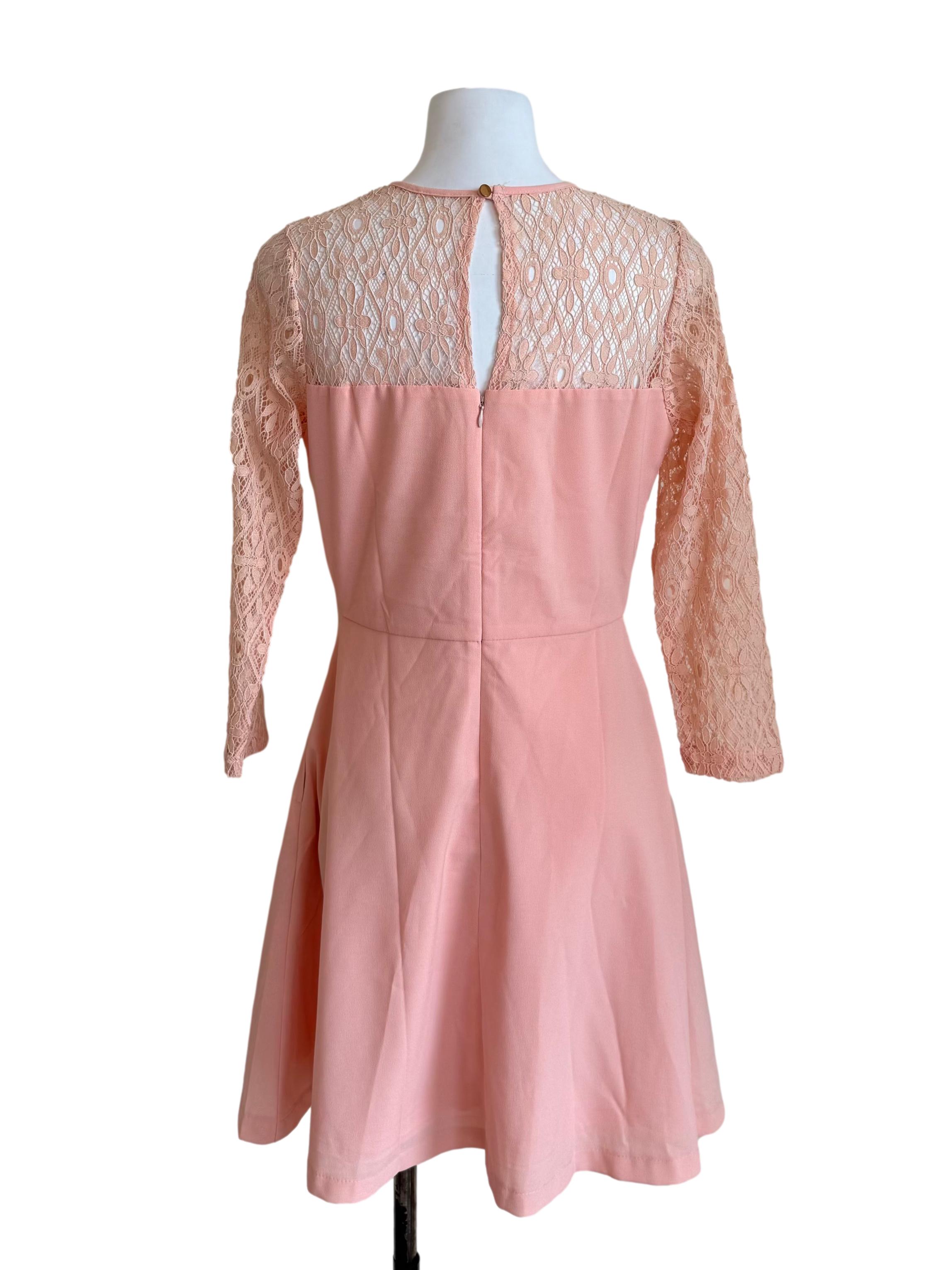 Pastel Peach Lace Sleeves A-Line Dress