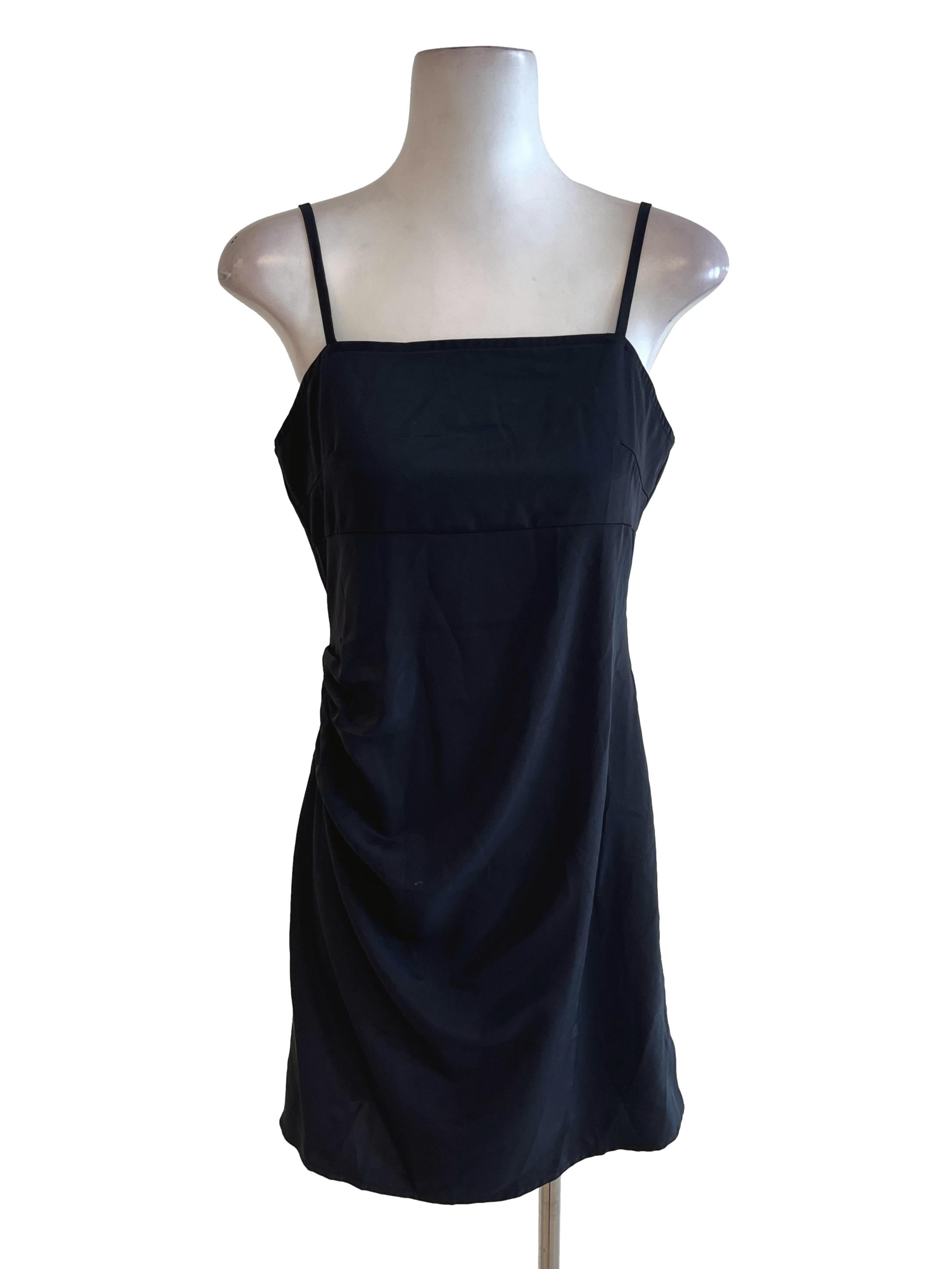 Coal Black Slip Dress With Small Ribbon On Straps And White Pleated On Bottom Dress