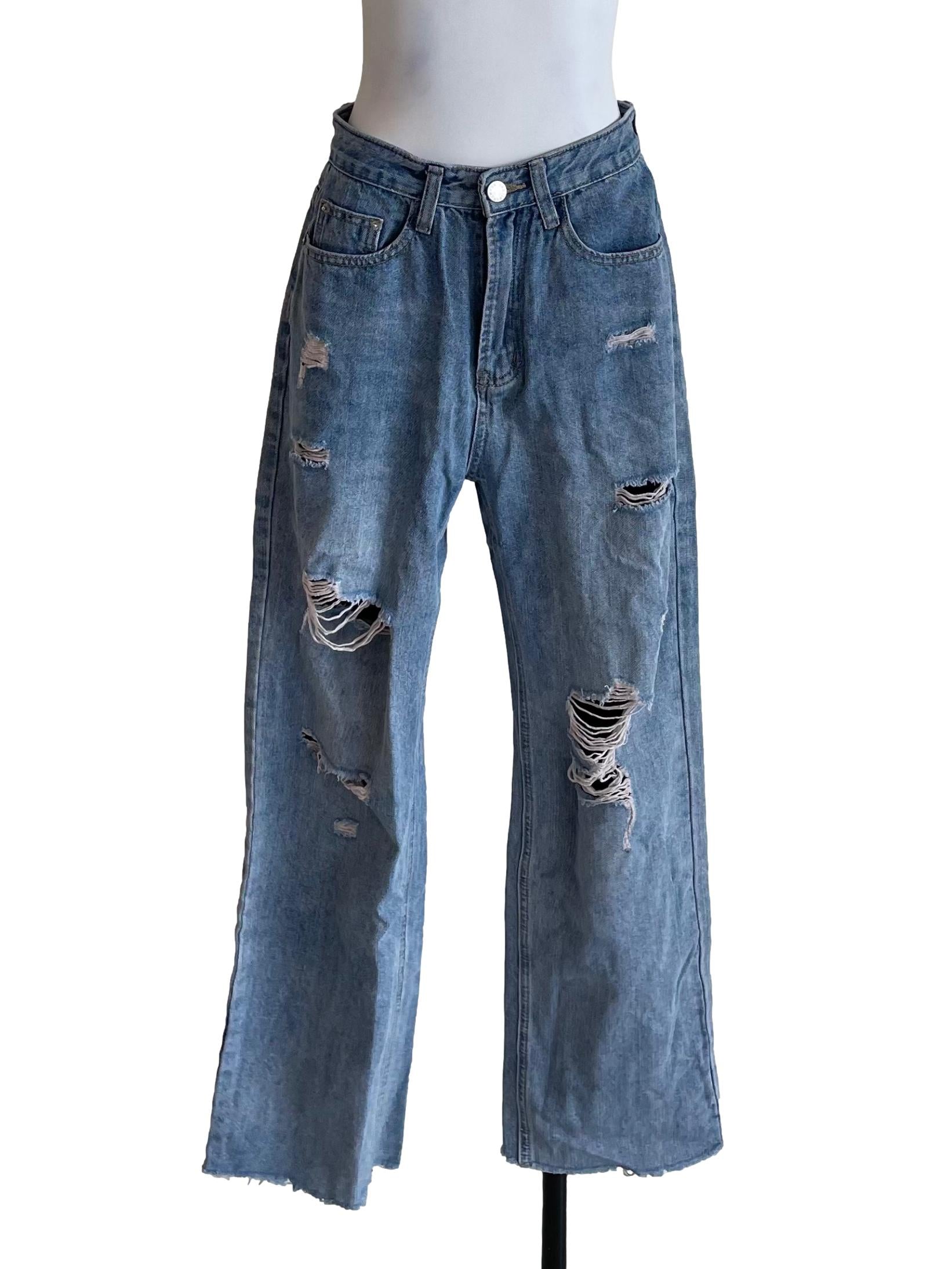 Ash Blue High Waist Baggy Ripped Jeans