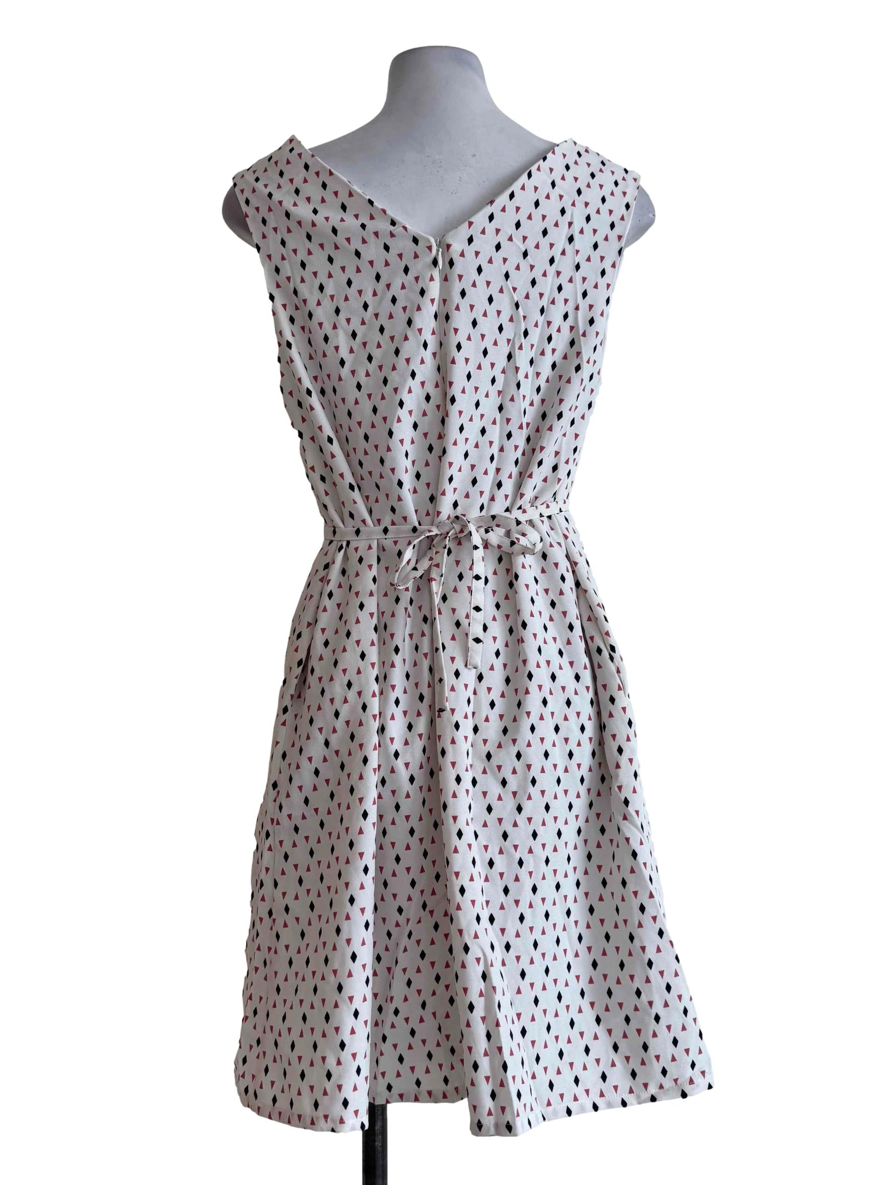 Carnation White With Two Color Motifs V Neck Dress