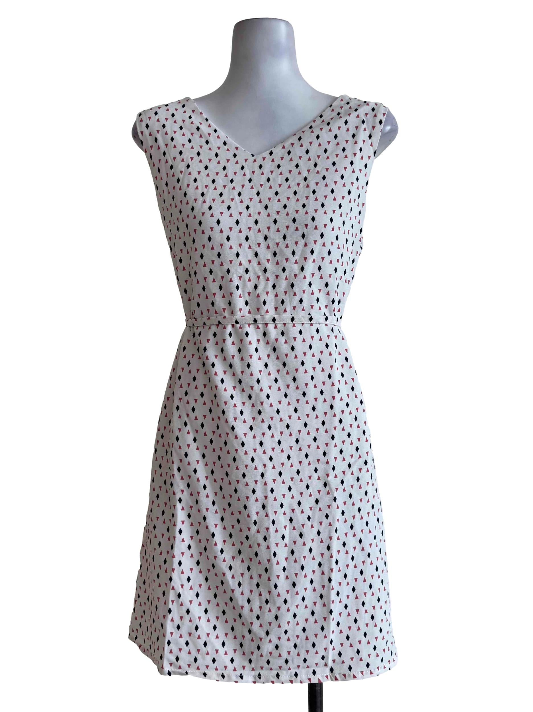 Carnation White With Two Color Motifs V Neck Dress