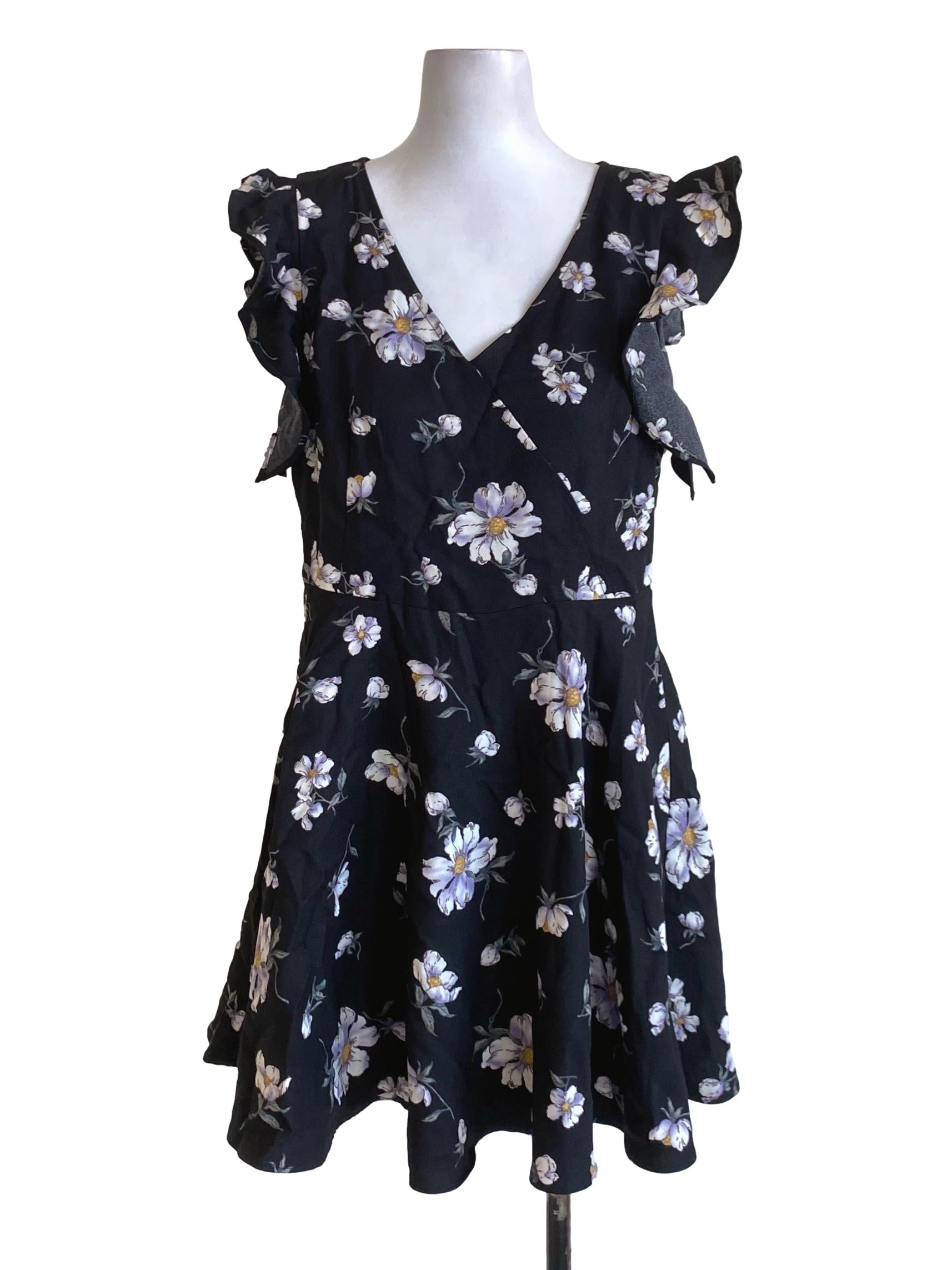 Black Floral Printed Ruffled V-Neck A-Line Dress