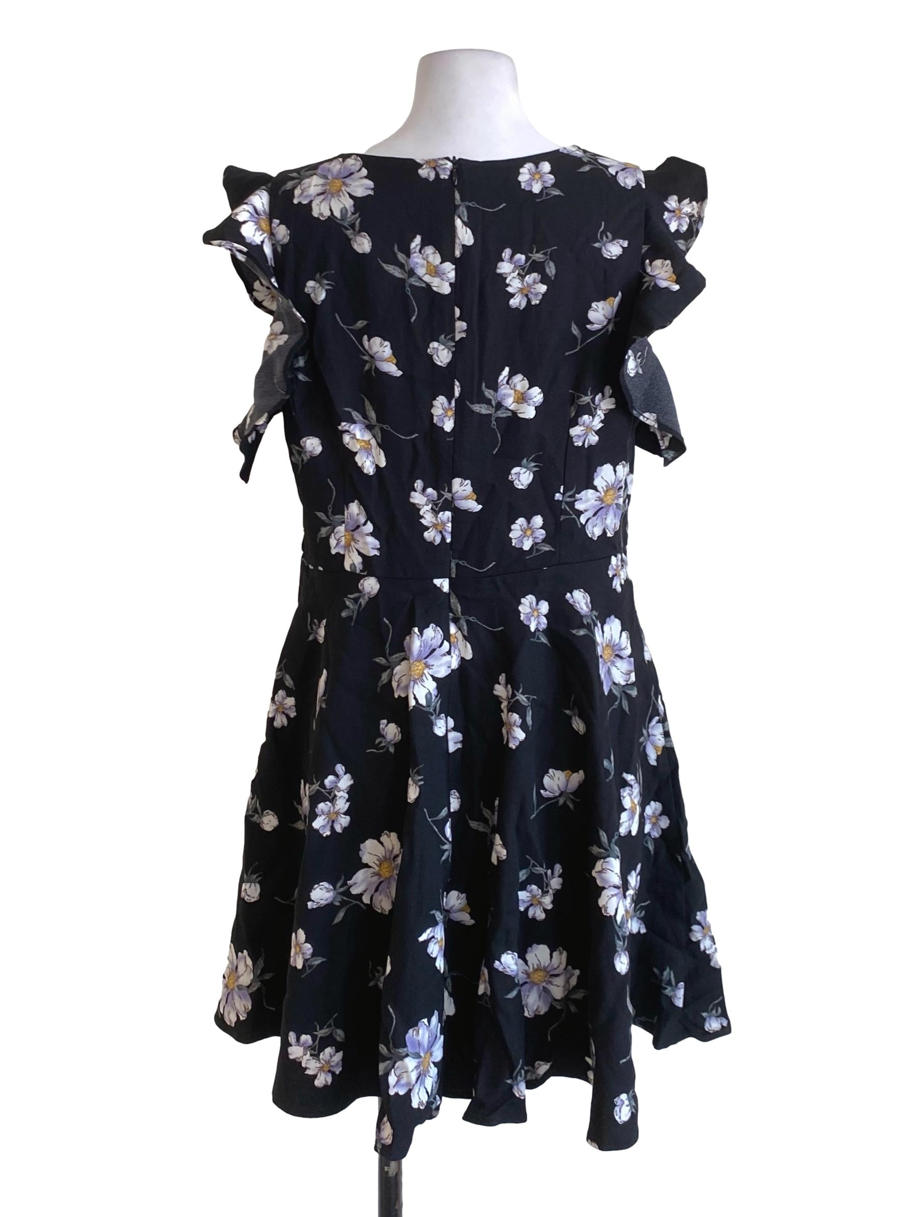 Black Floral Printed Ruffled V-Neck A-Line Dress