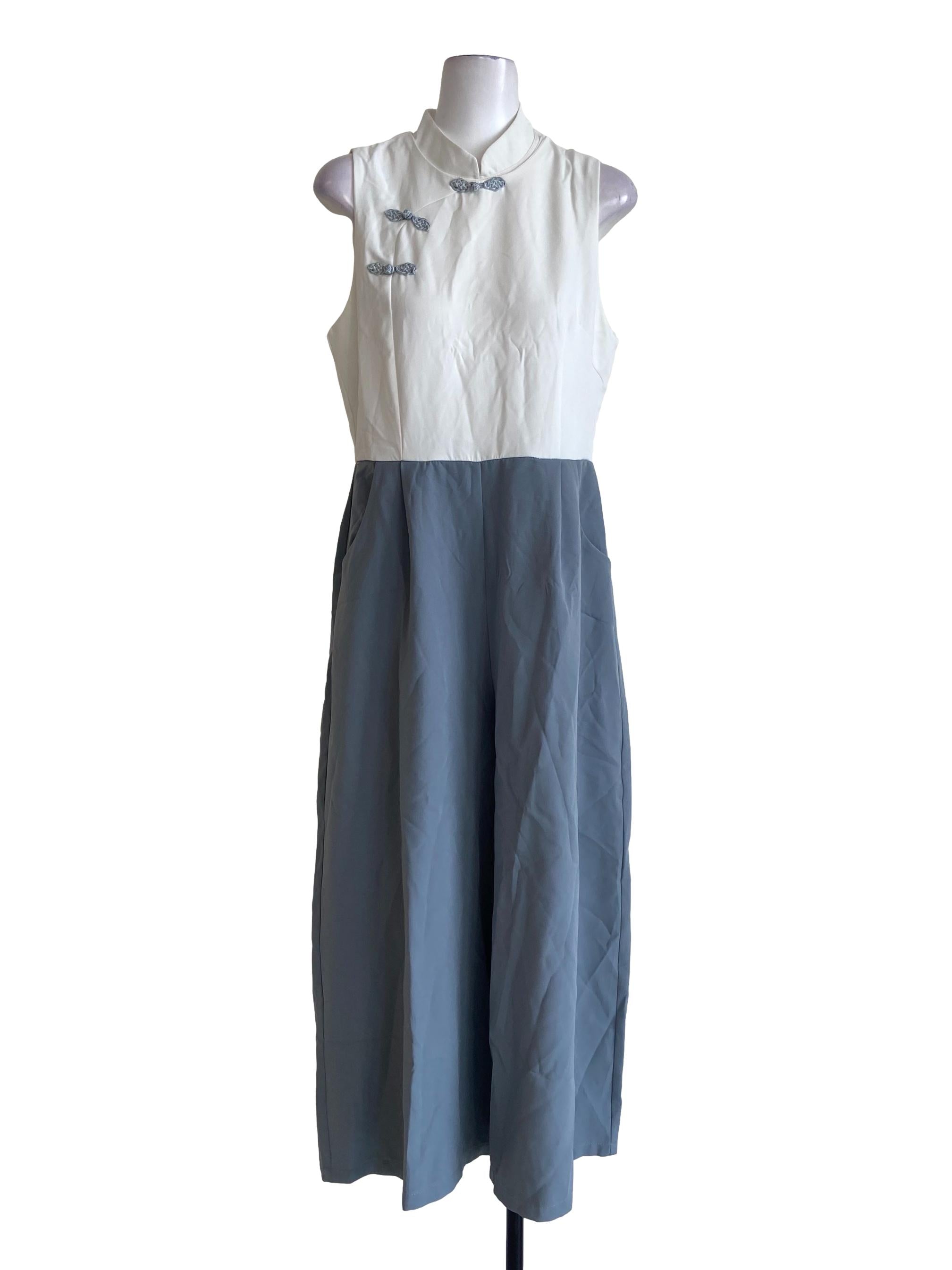 White & Grey Sleeveless Long Jumpsuits