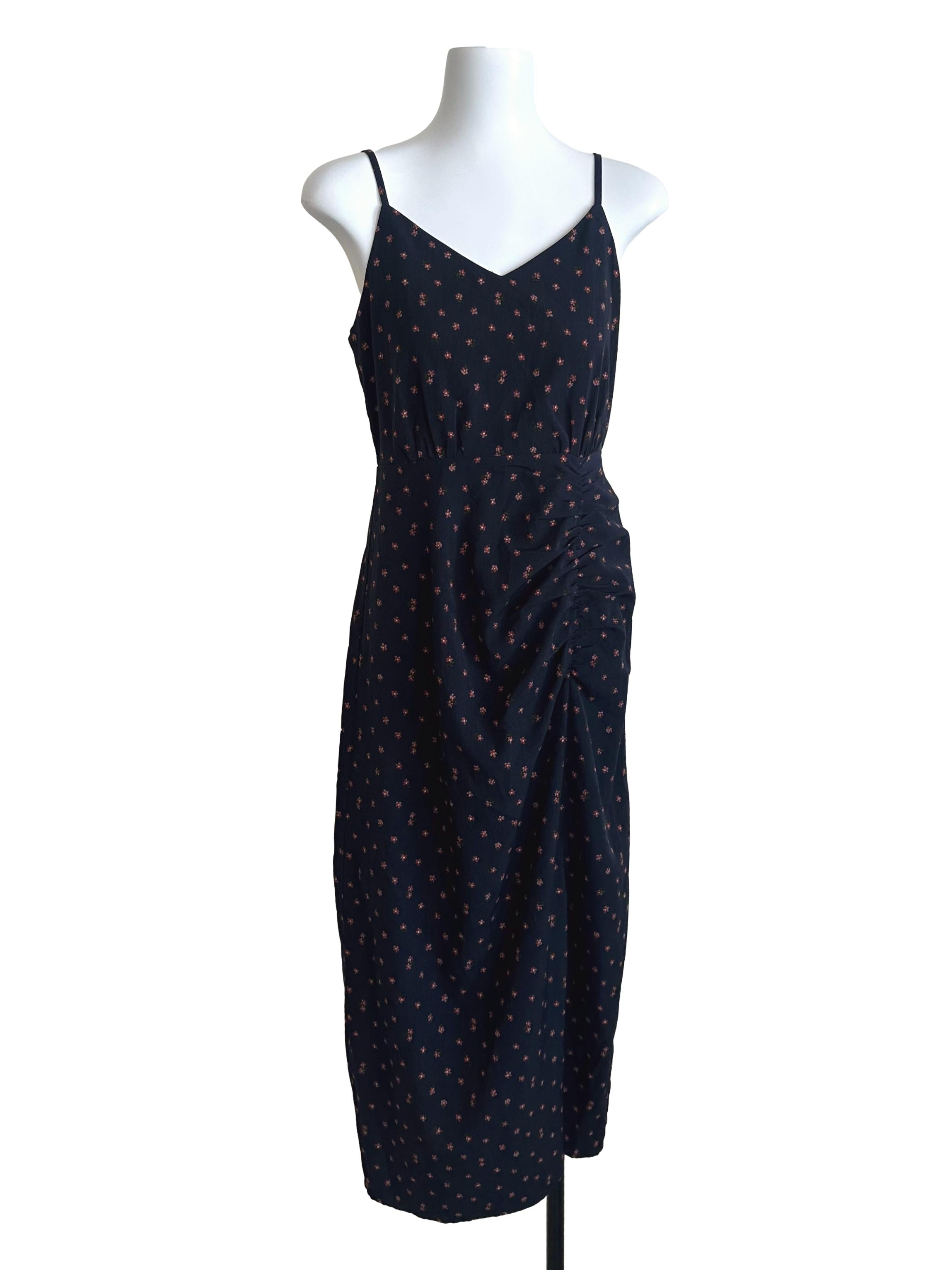 Navy Blue V Neck Floral Side Ruched Dress TWL