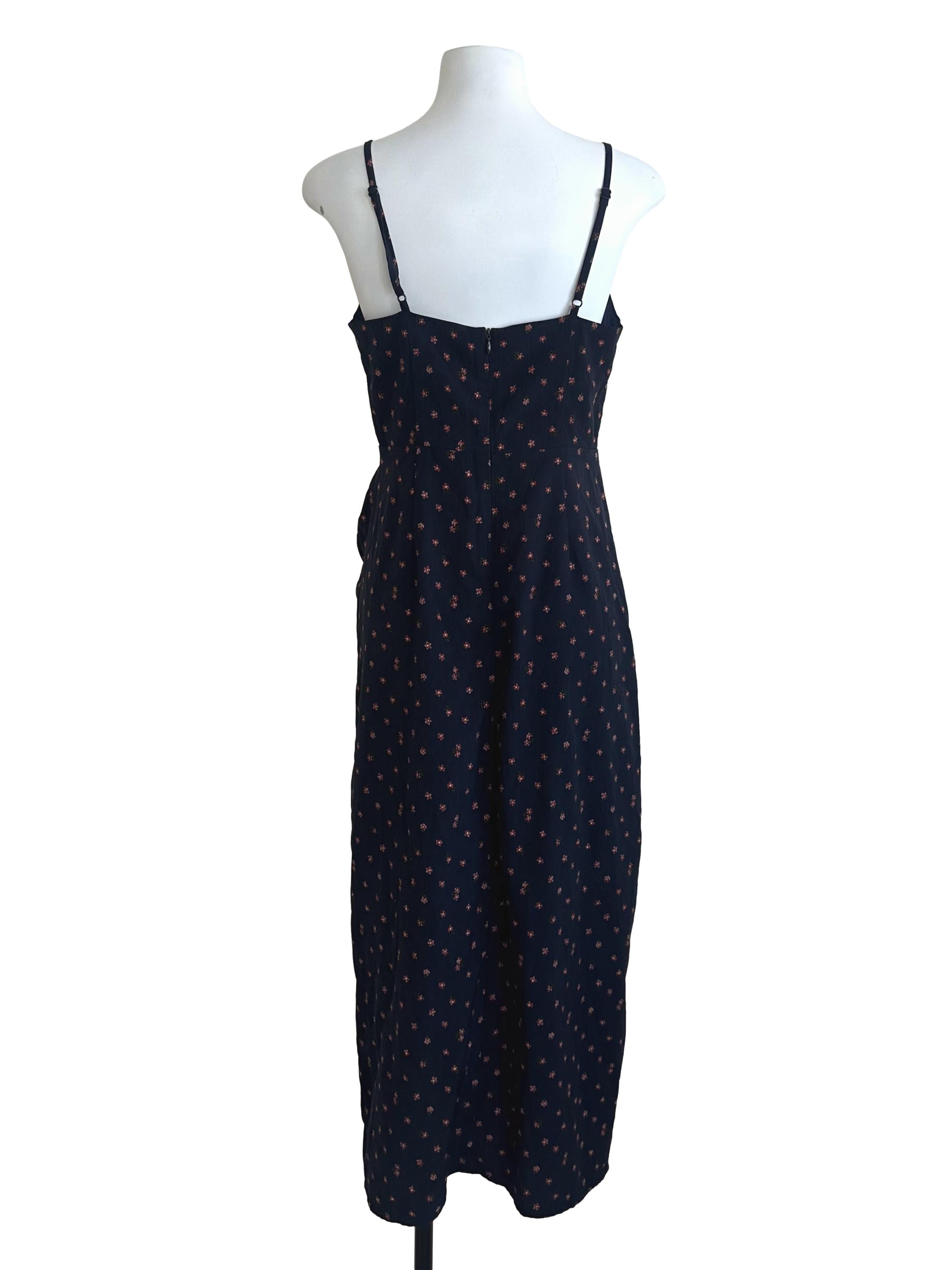 Navy Blue V Neck Floral Side Ruched Dress TWL