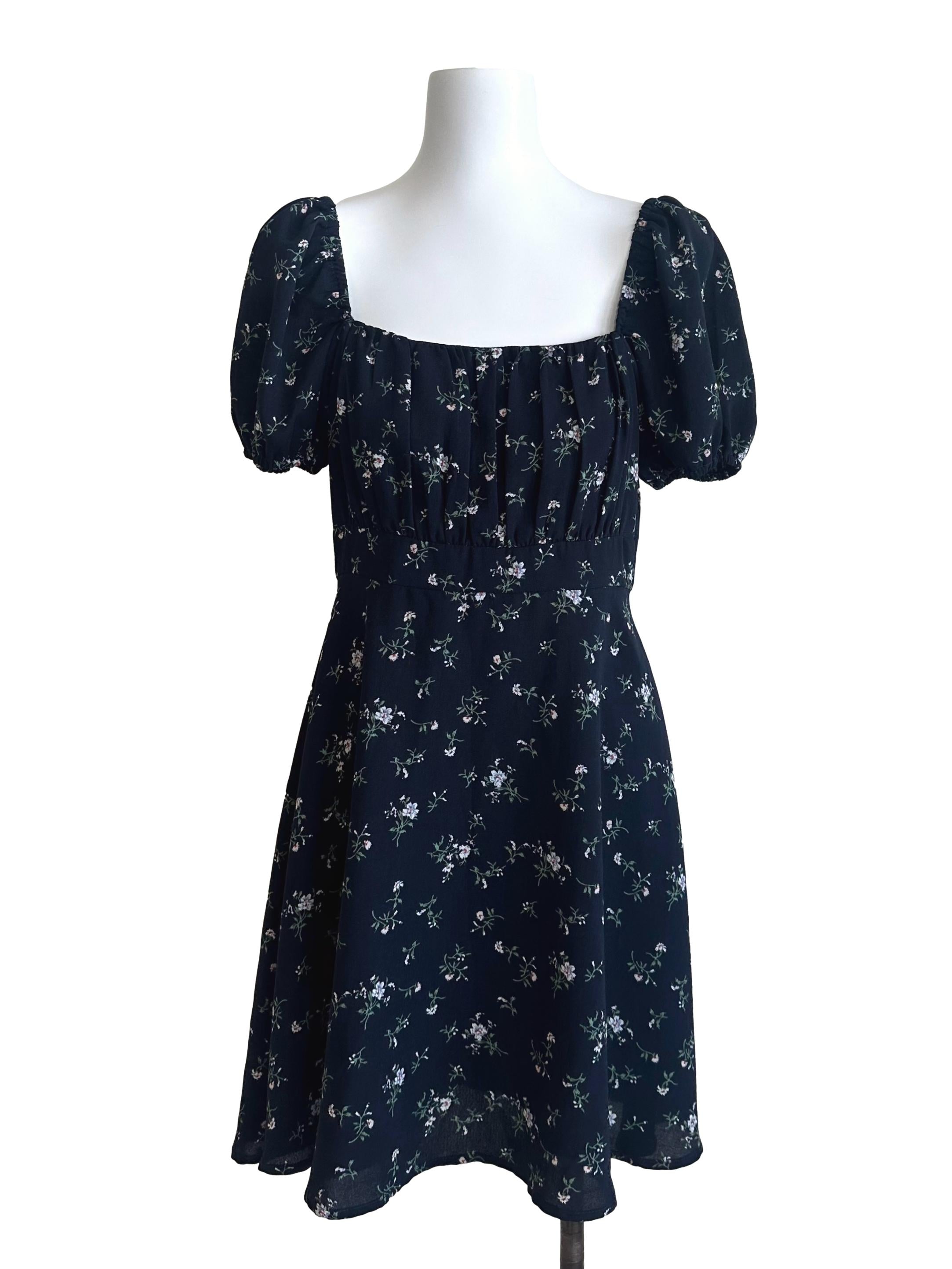 Navy Blue Square Neck Floral Puff Sleeve Dress