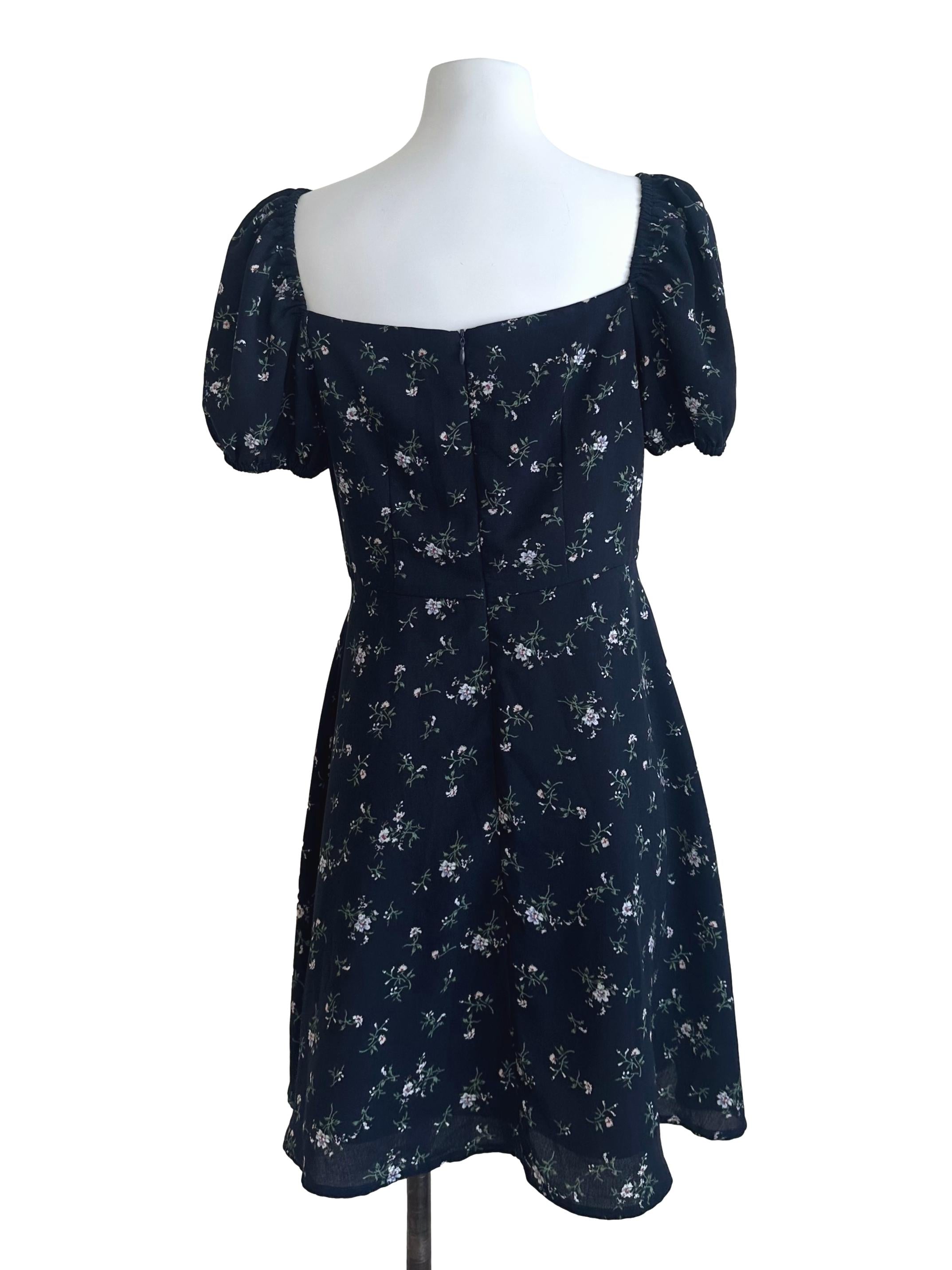 Navy Blue Square Neck Floral Puff Sleeve Dress