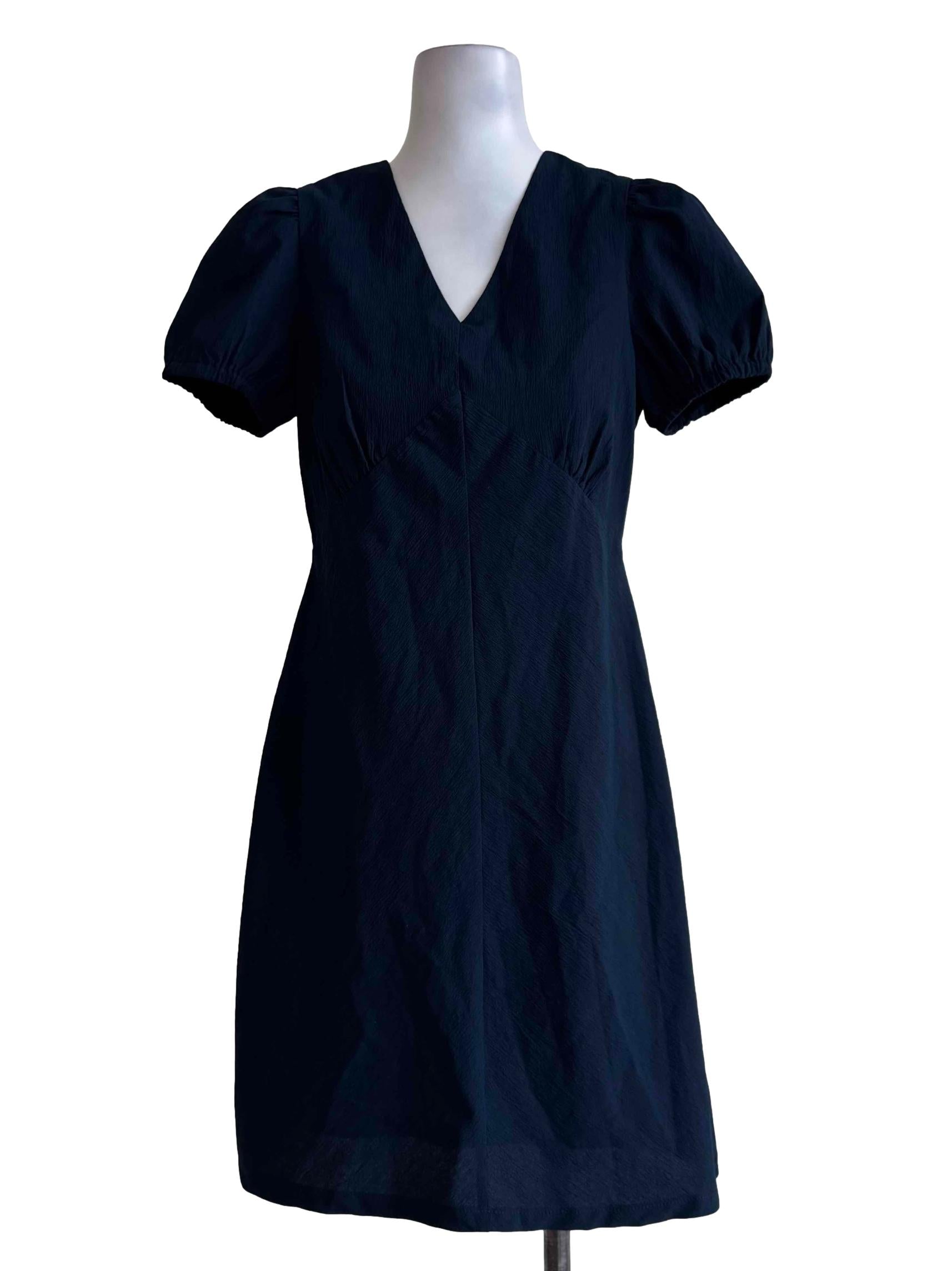 Textured Navy Blue V Neck Mini Dress