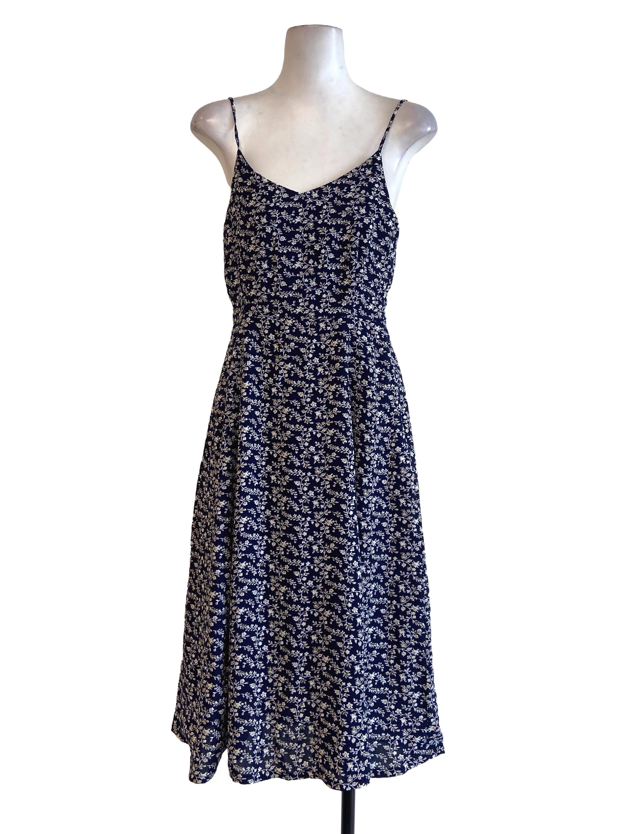 Navy Blue Floral Spaghetti Strap Babydoll Dress