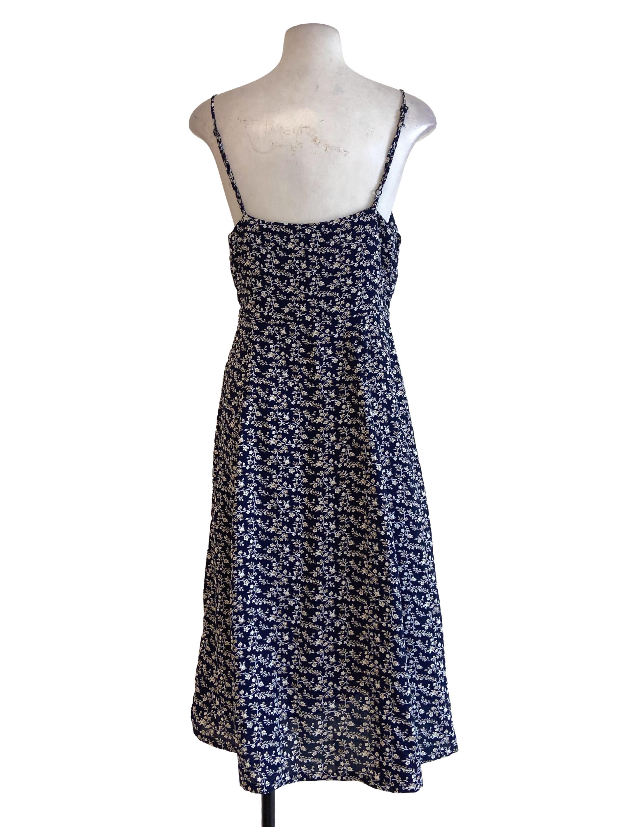 Navy Blue Floral Spaghetti Strap Babydoll Dress