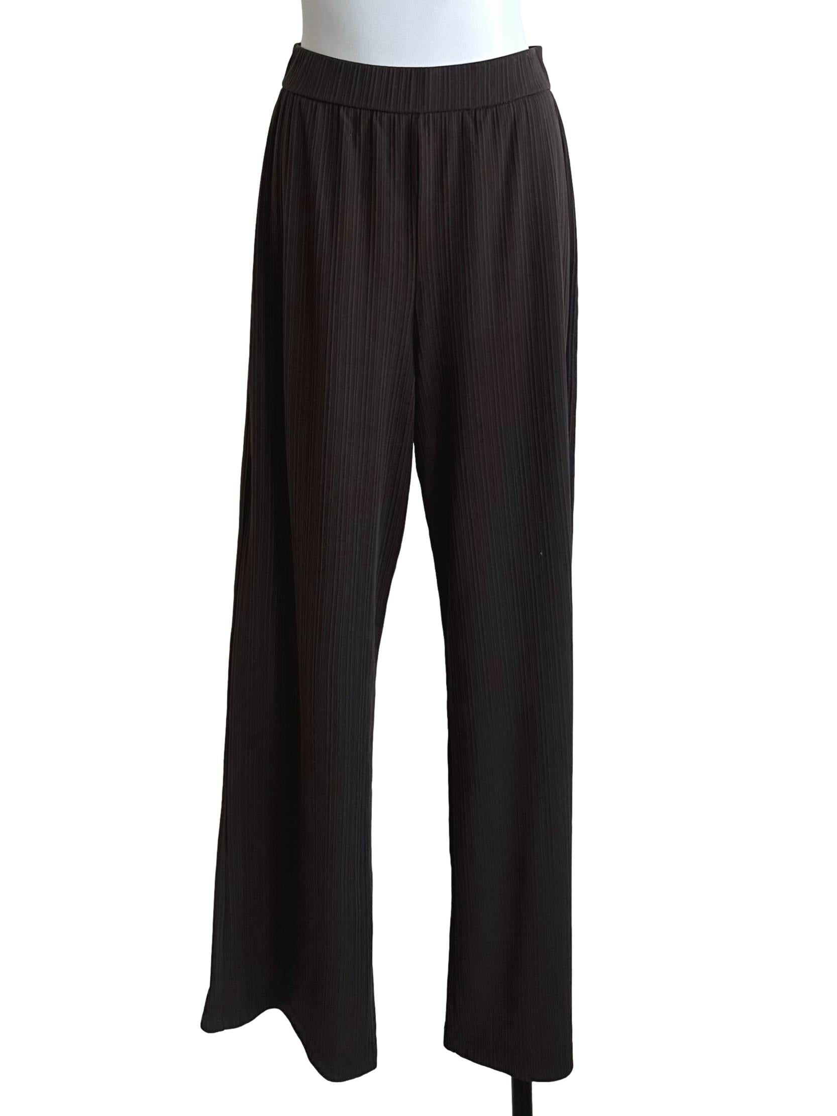 Oak Brown Elastic Waist Textured Flare Pants
