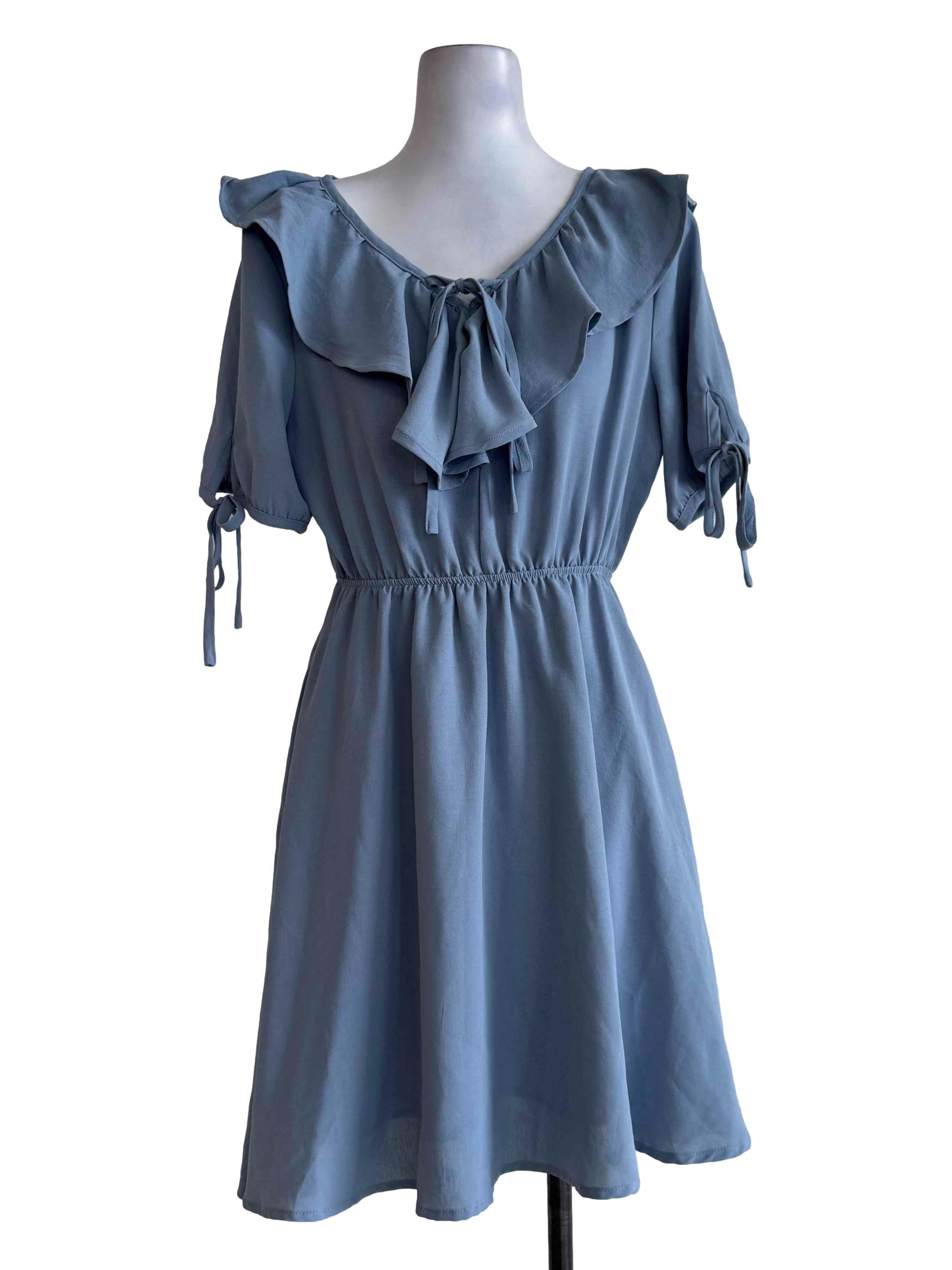 Dusty Blue Flared Neck Mini Dress