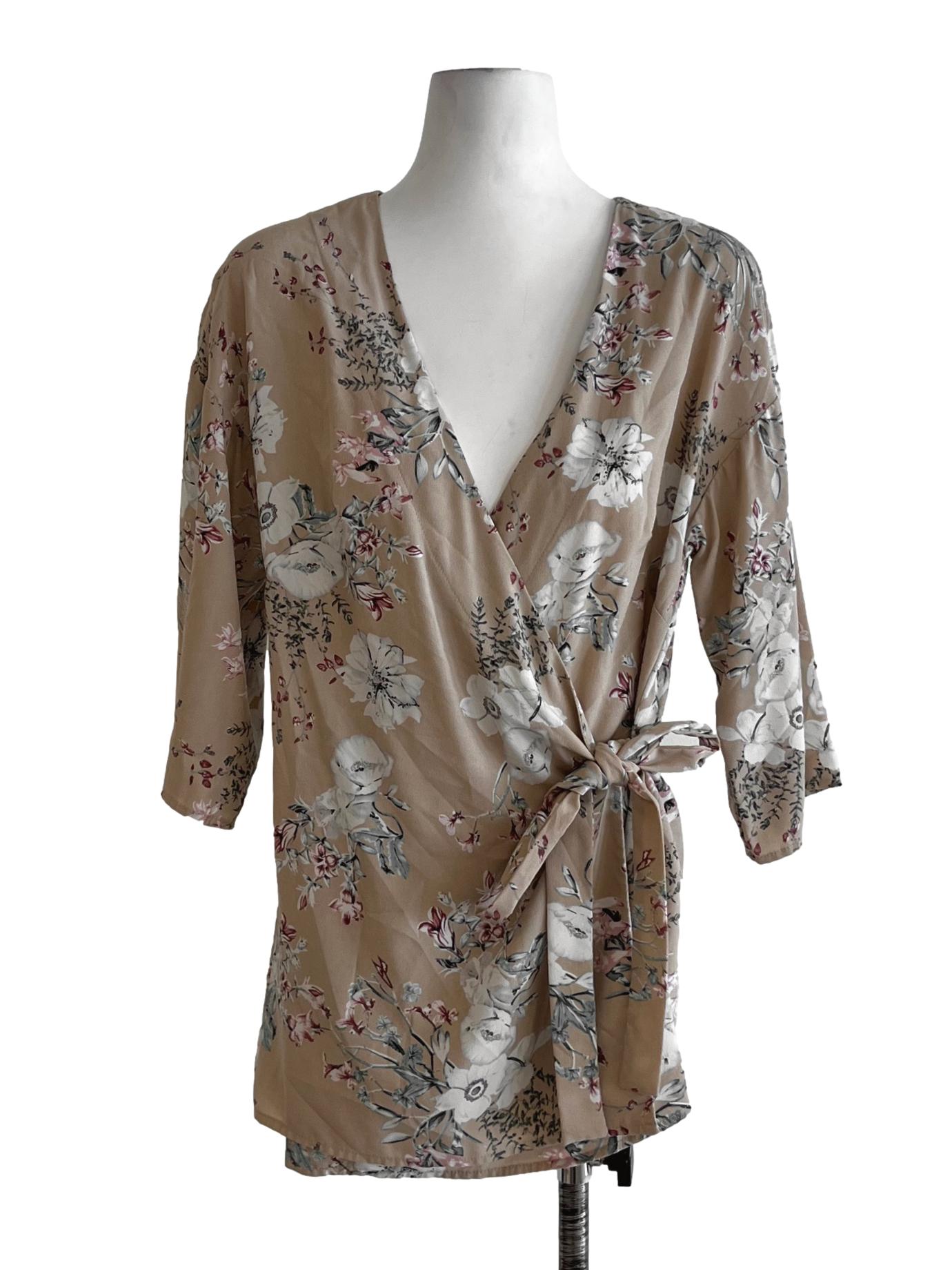 Beige Floral Wrap Blouse