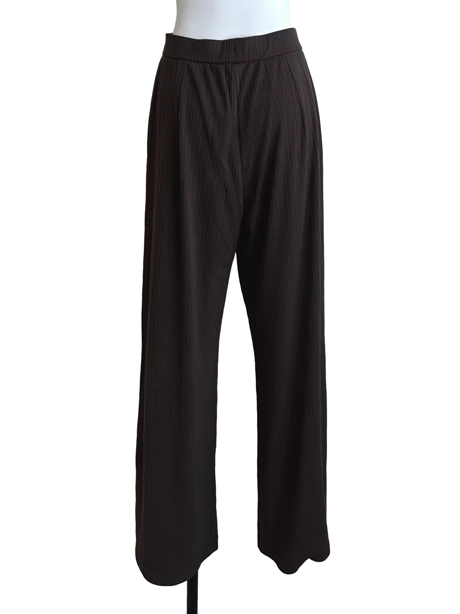 Oak Brown Elastic Waist Textured Flare Pants