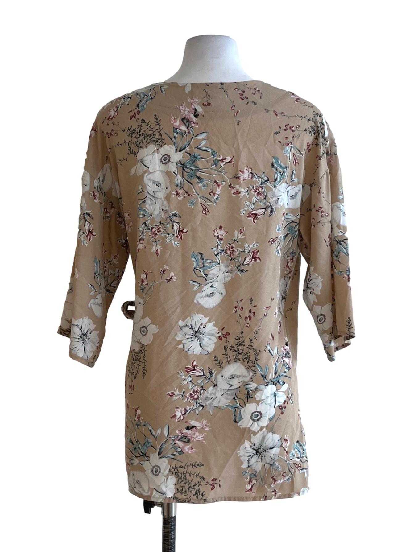 Beige Floral Wrap Blouse