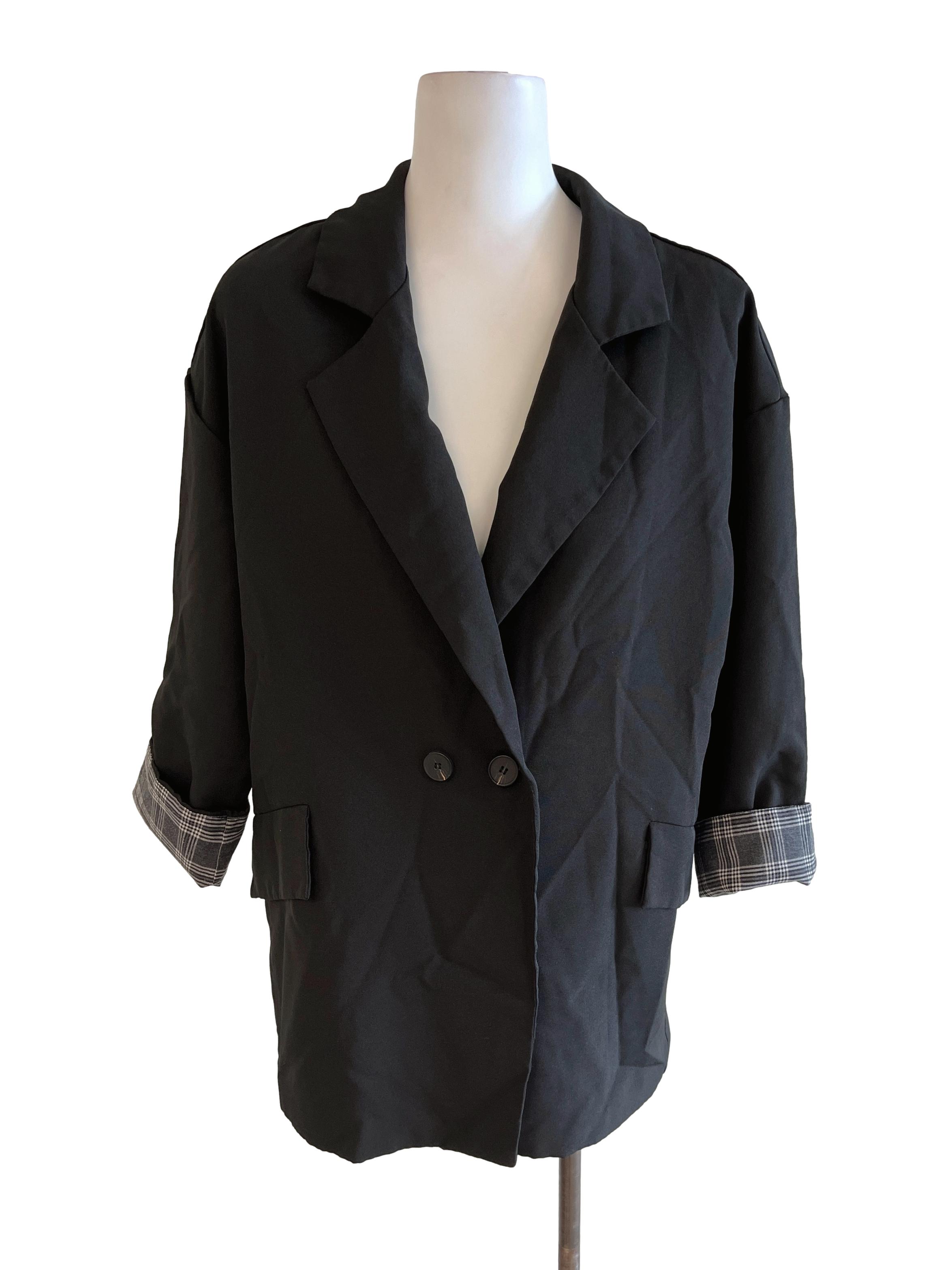 Black Blazer With Plaid Pattern Inside Sleeve
