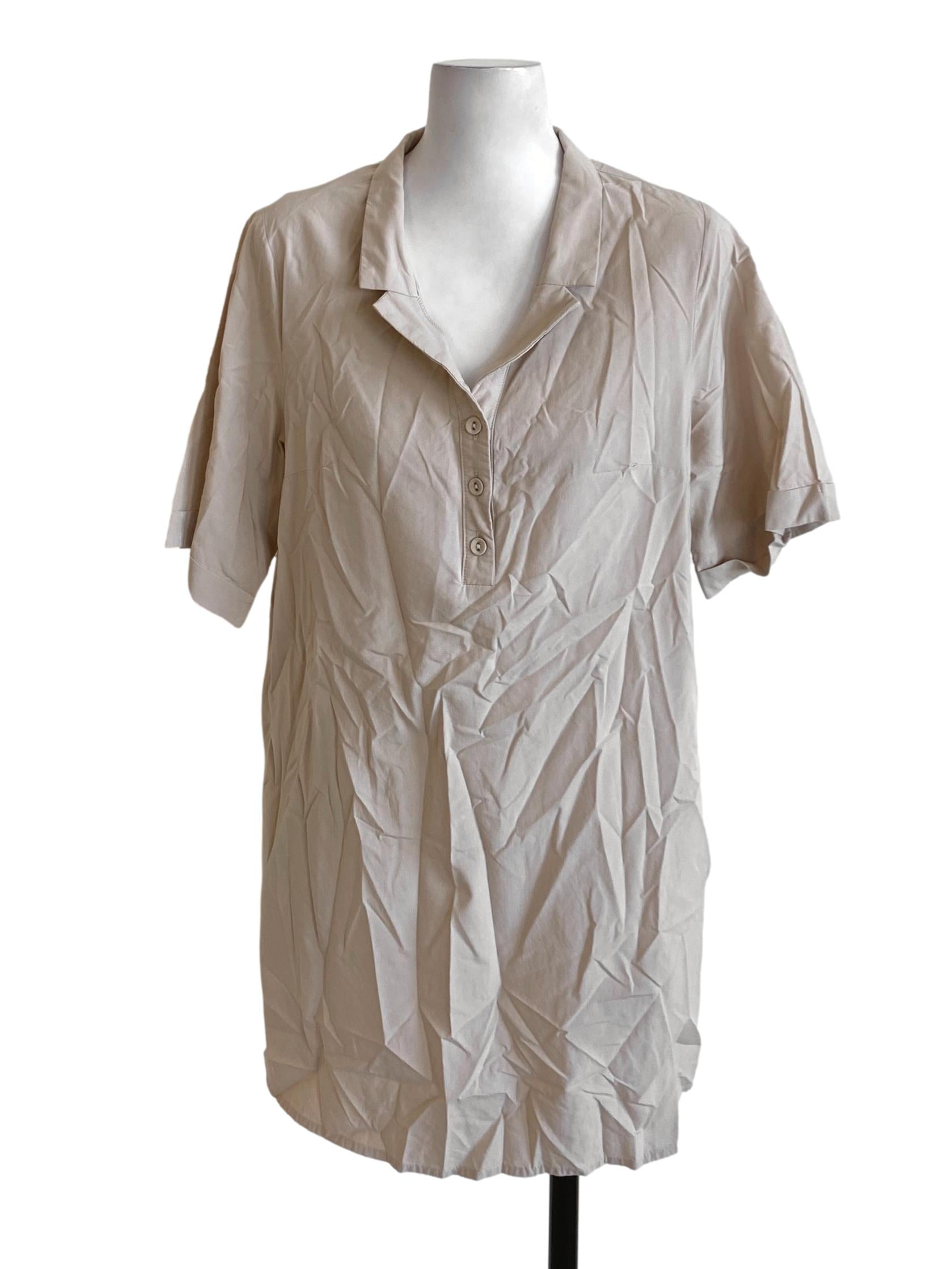 Light Tan Brown Notched Collar Long Shirt Blouse