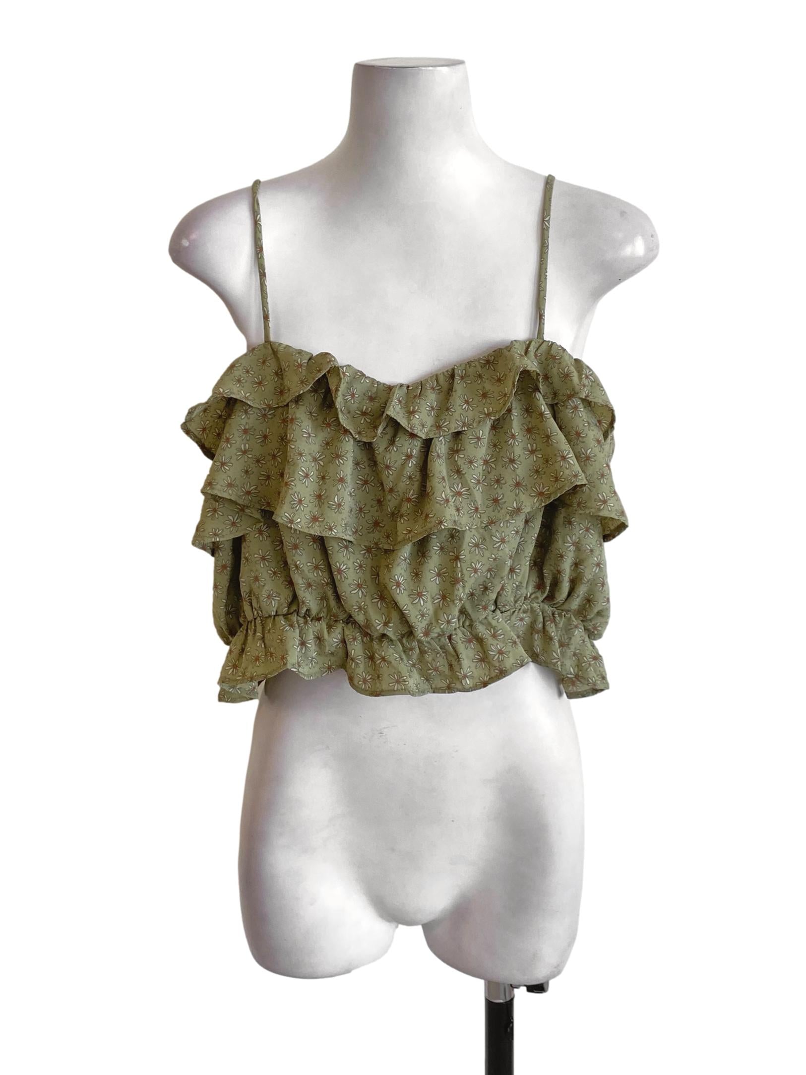 Olive Floral Printed Ruffled Spaghetti Strap Crop Top TTR