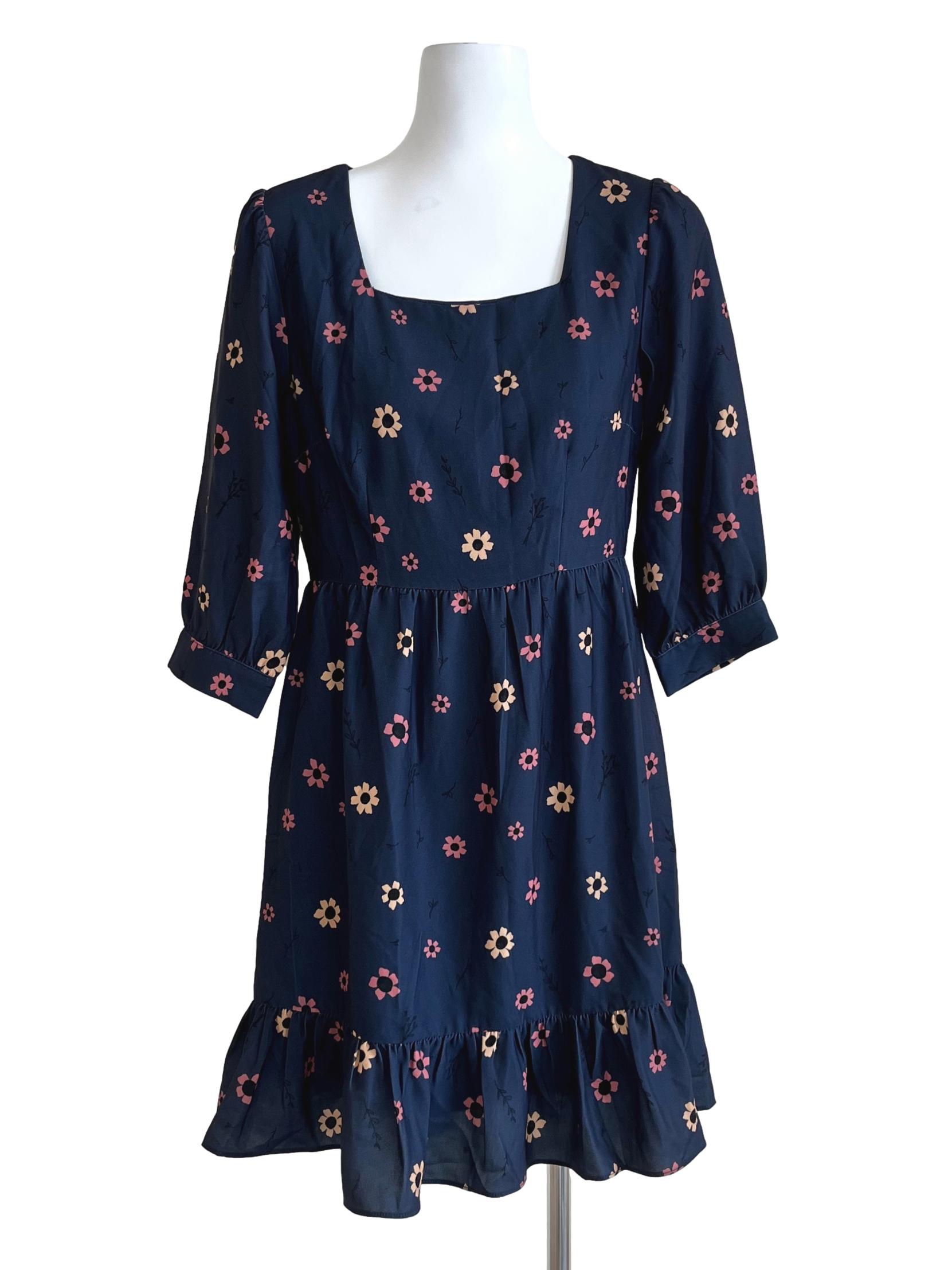 Blue Black Floral Pattern Dress