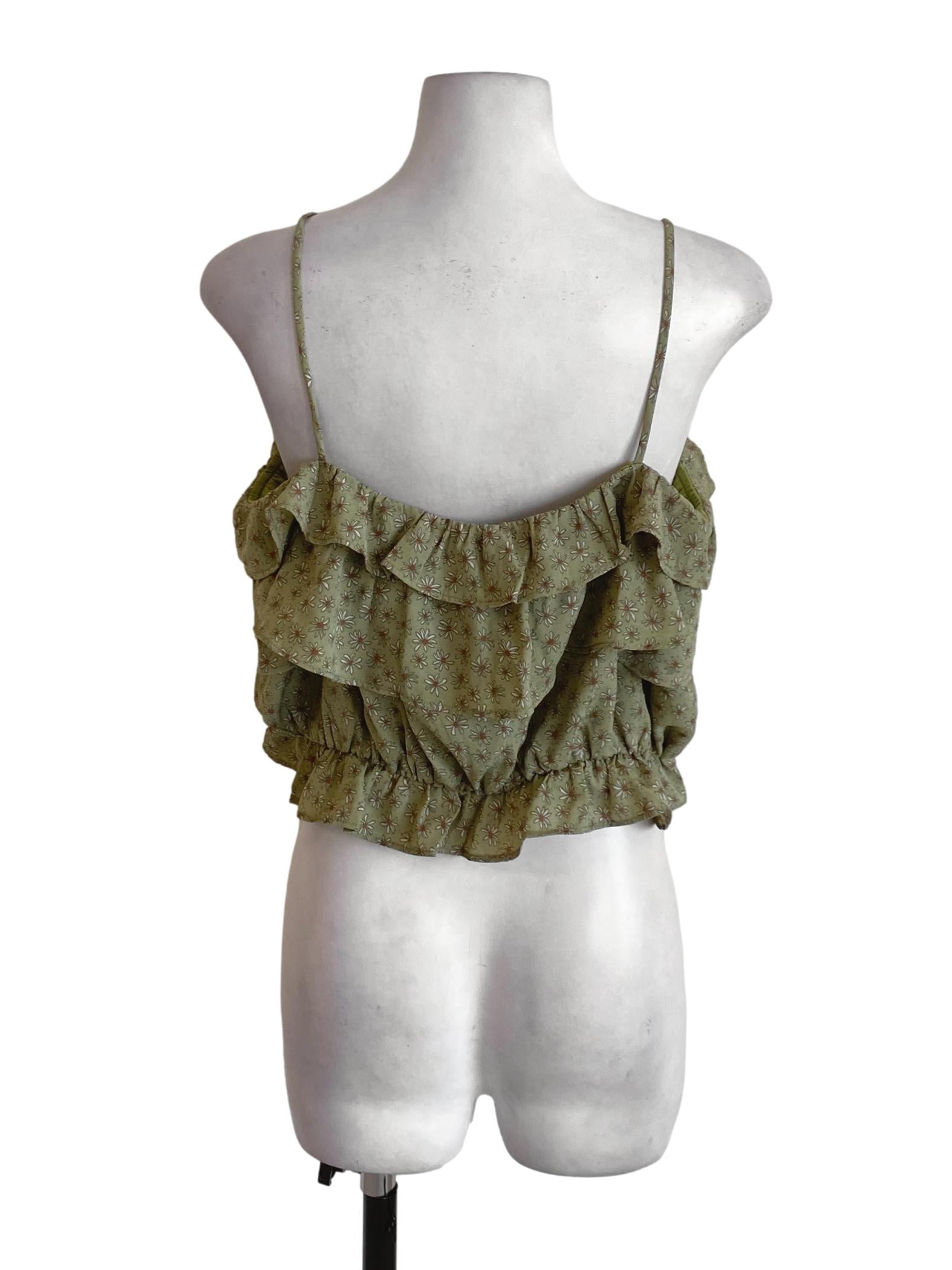 Olive Floral Printed Ruffled Spaghetti Strap Crop Top TTR