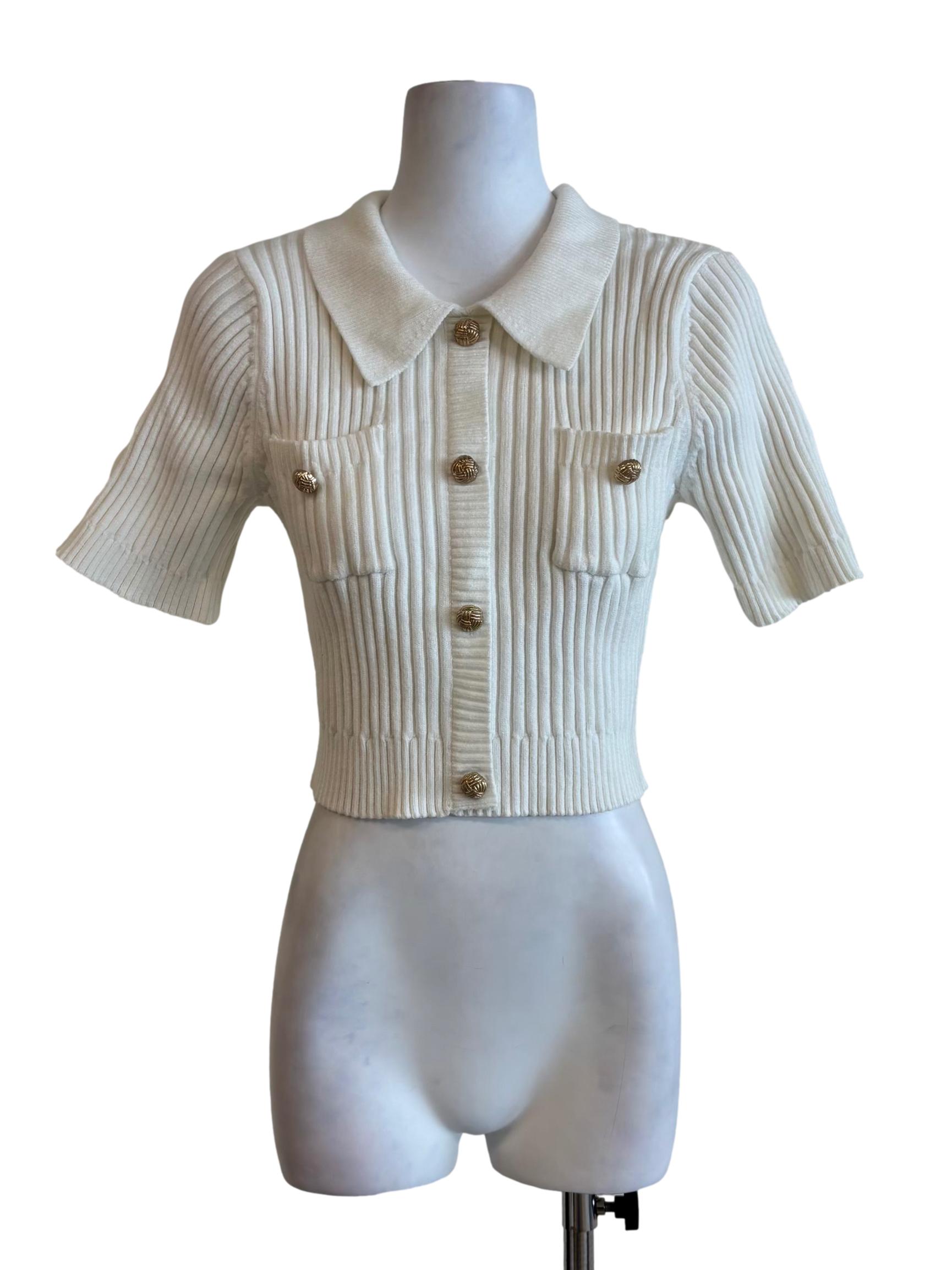 Powder White Gold Button Ribbed Top