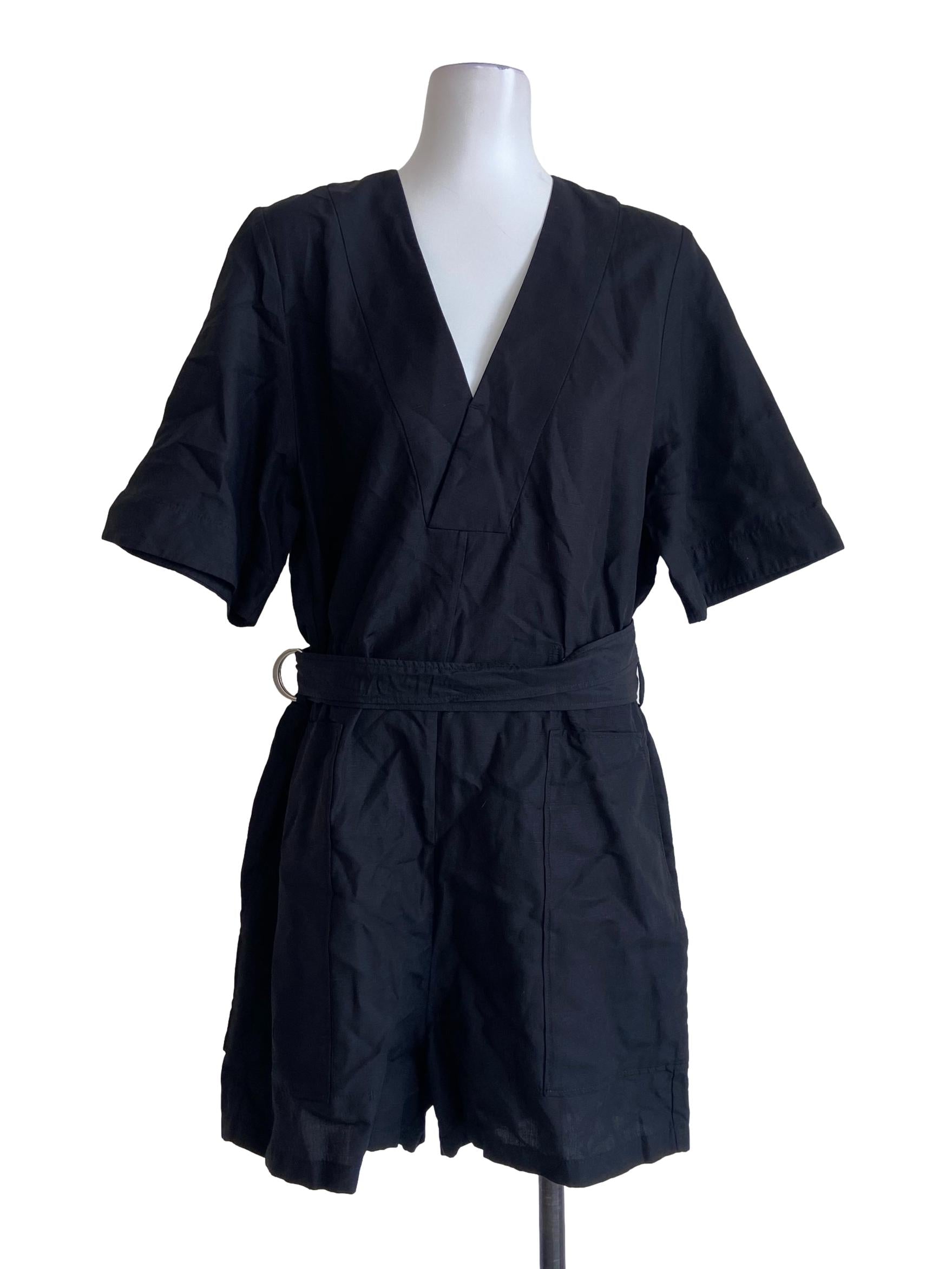 Black Pegged Waist V Neck Rompers