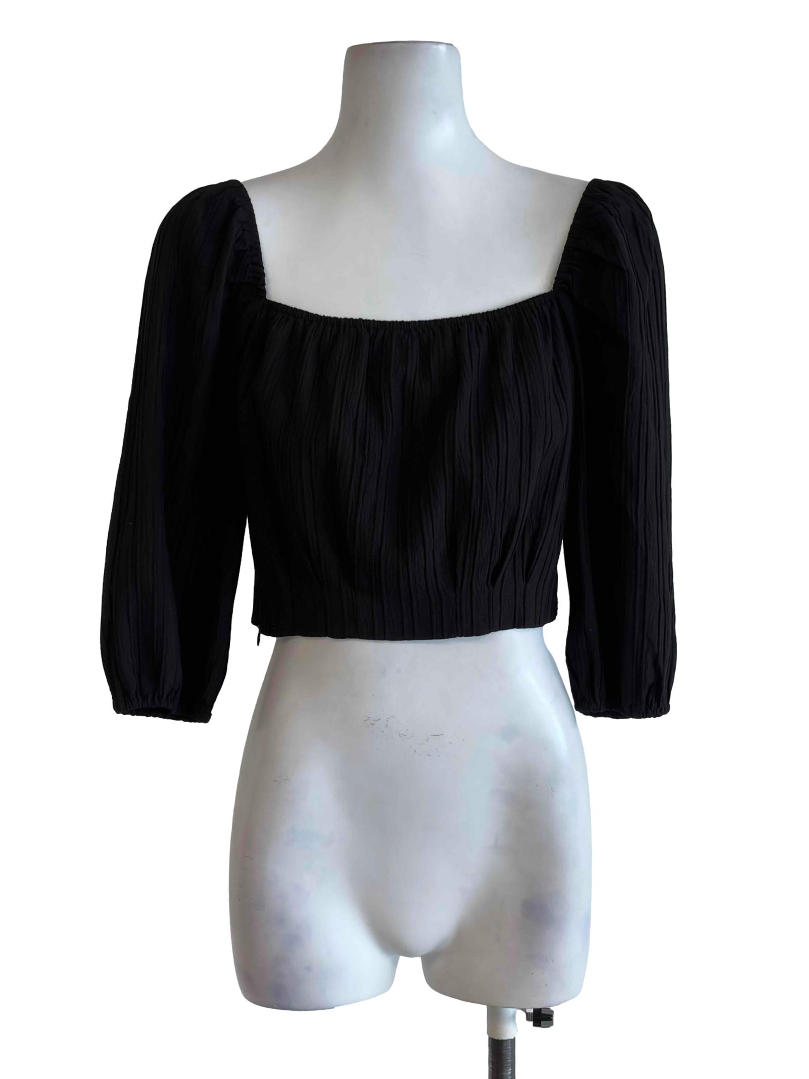 Jet Black Pleated Square Neck Blouse