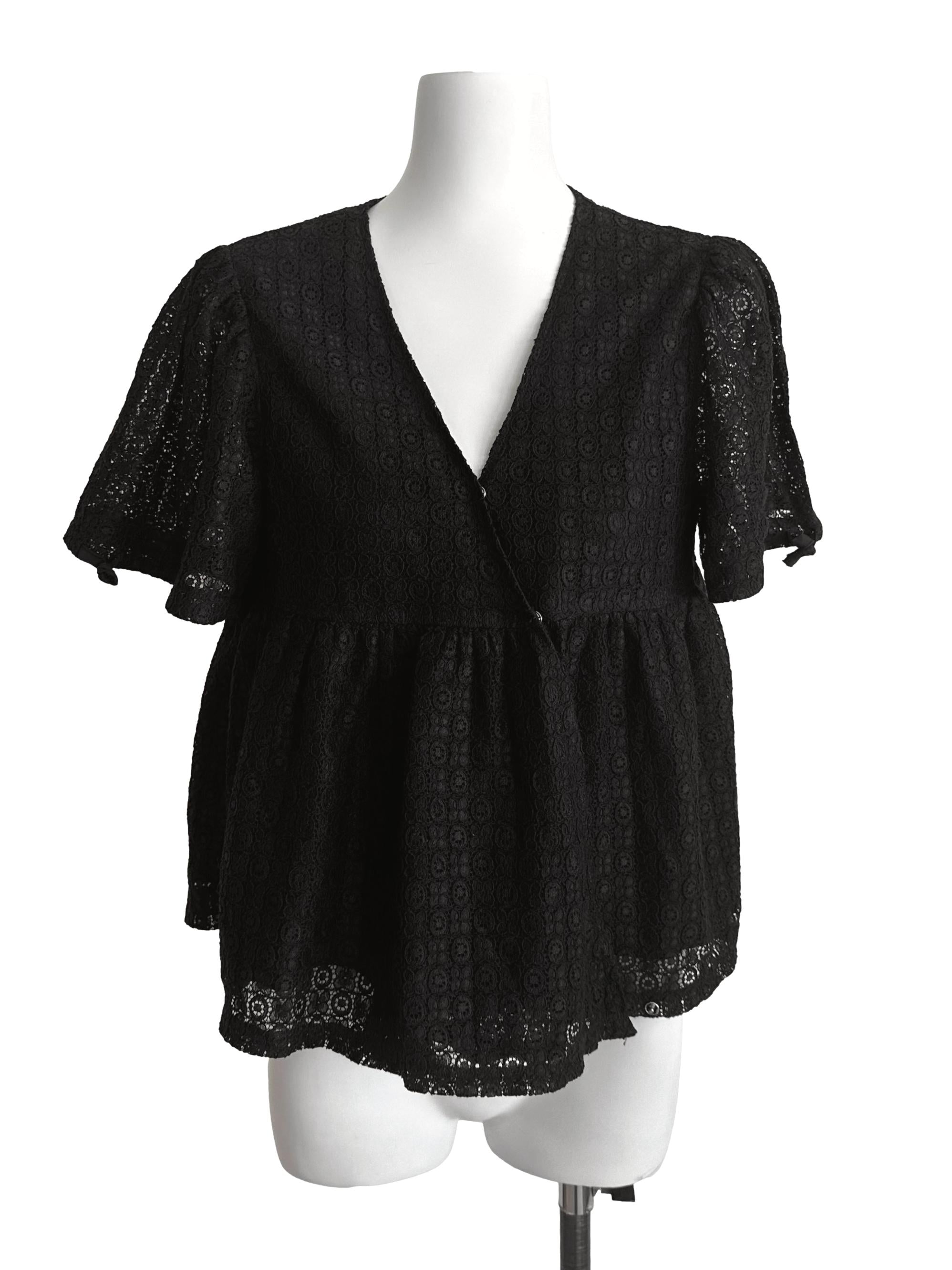 Raven Black V Neck Lace Wrap Peplum Top
