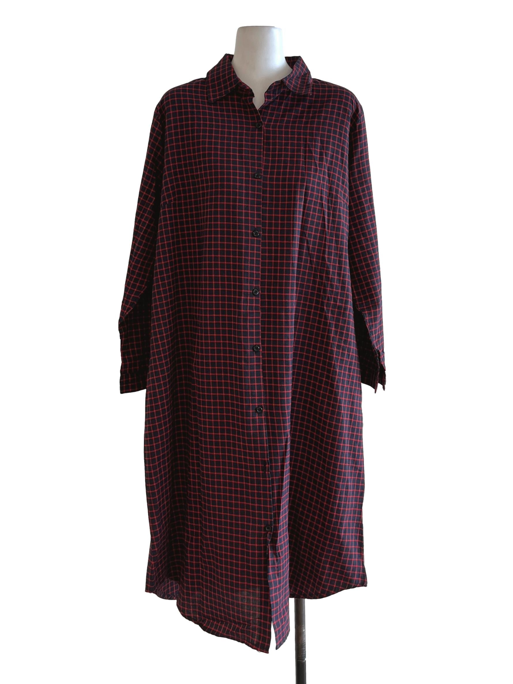 Black Shirt Red Grid Lines-On Collared Long Shirt Dress