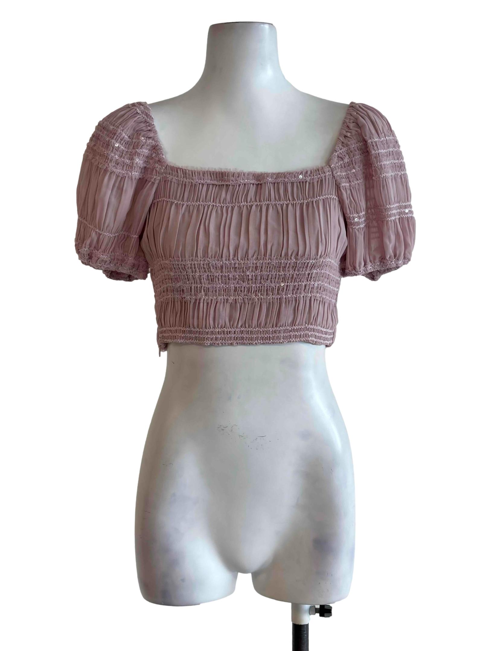 Peach Pink Glitters Pleated Crop Top