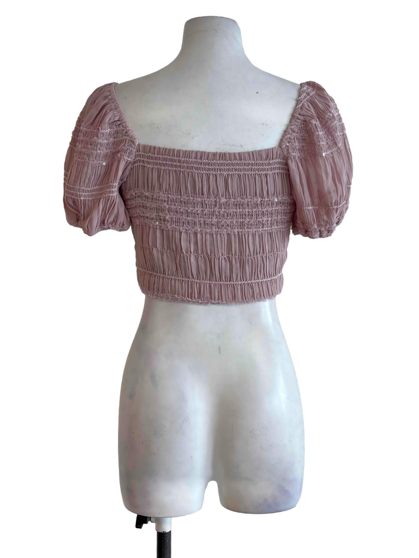 Peach Pink Glitters Pleated Crop Top