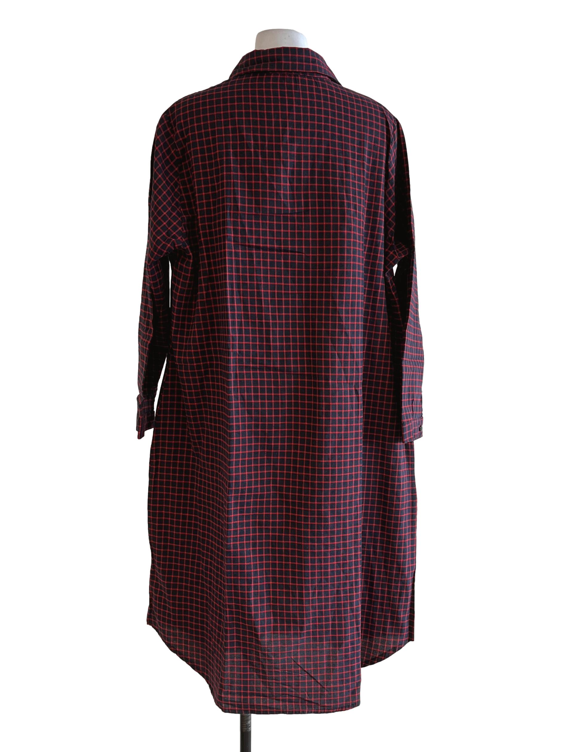 Black Shirt Red Grid Lines-On Collared Long Shirt Dress