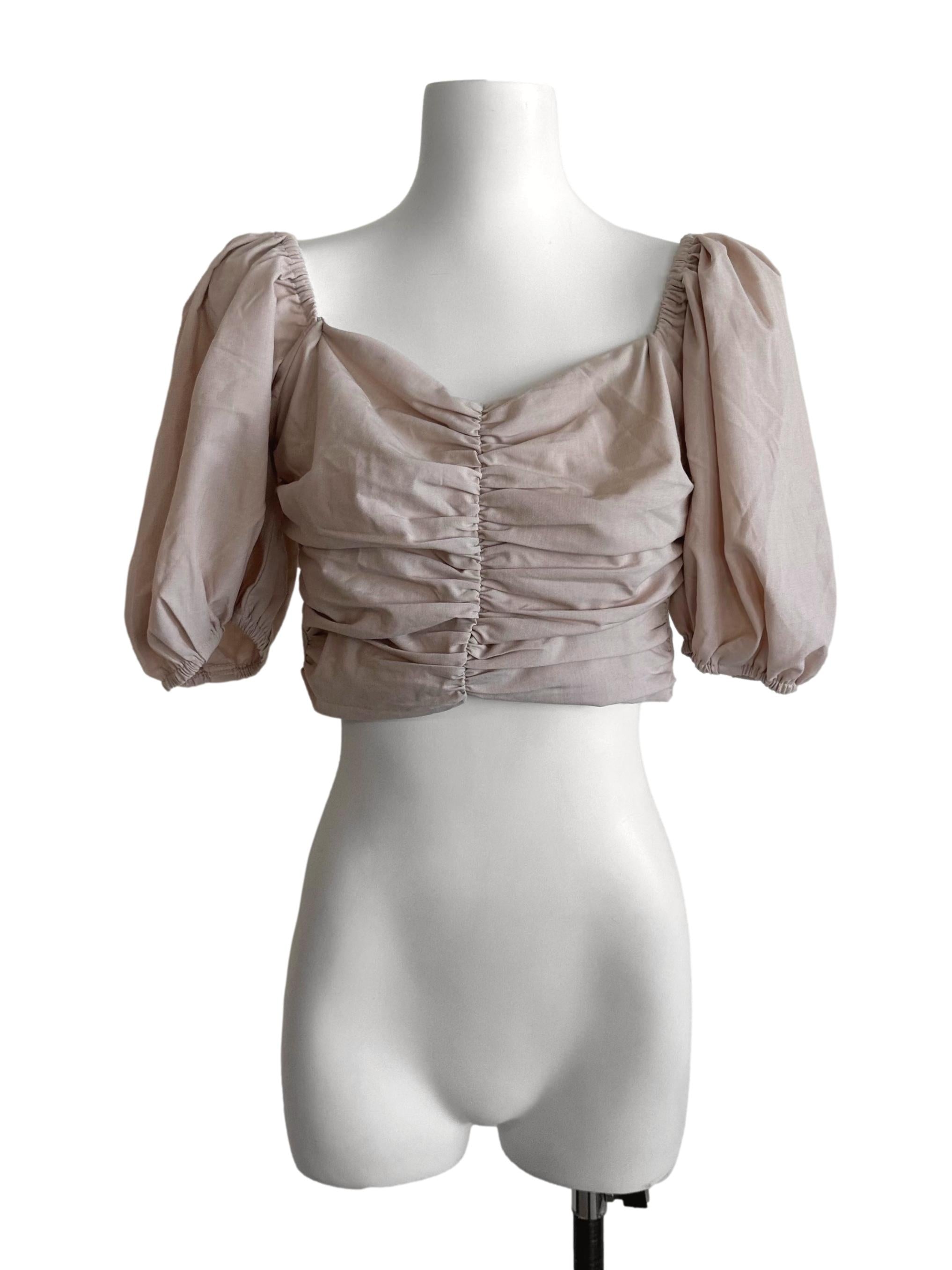 Sand Beige Ruched Puff Sleeve Top