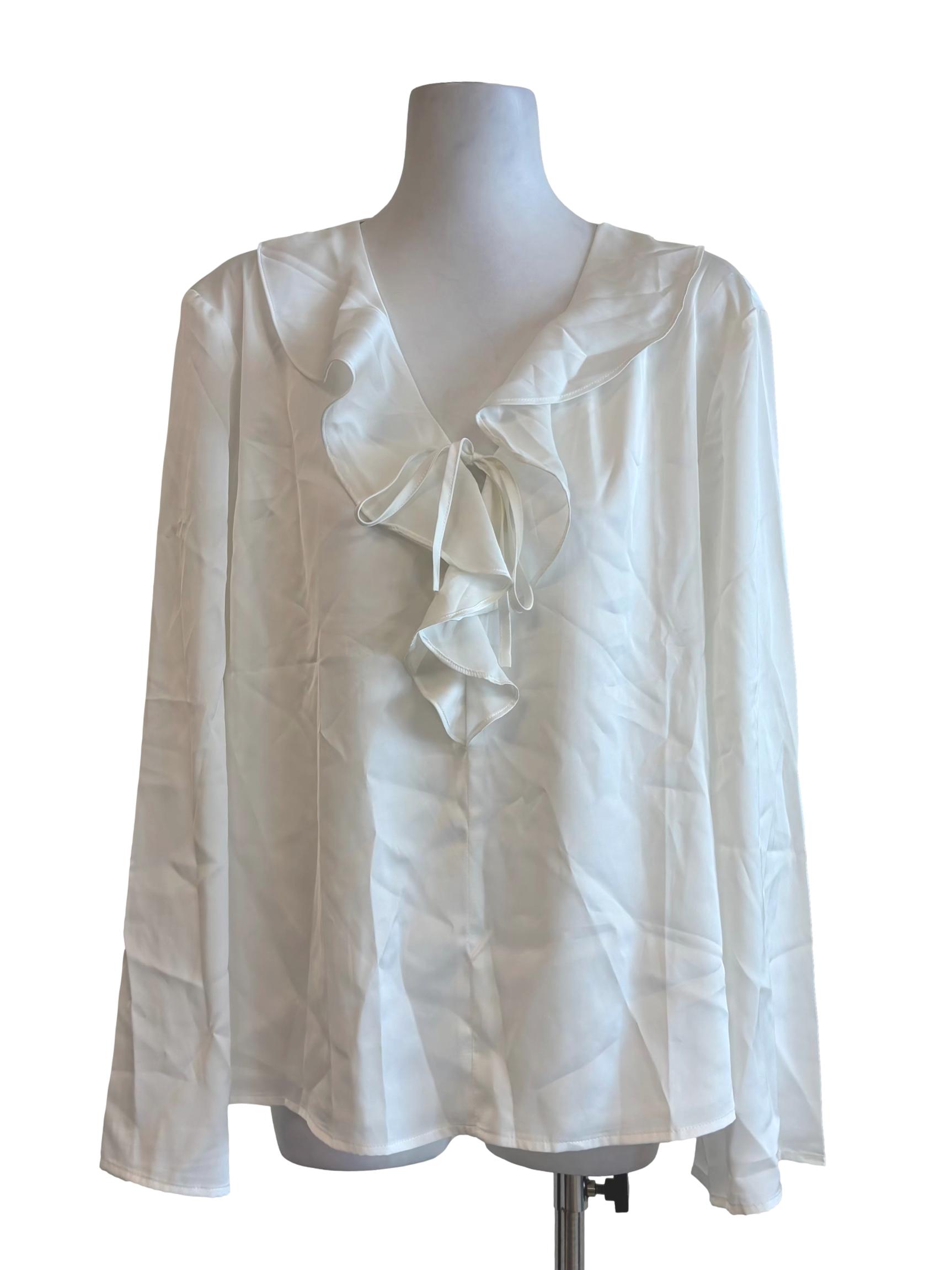 Pearl White Long Sleeve Ruffle Blouse