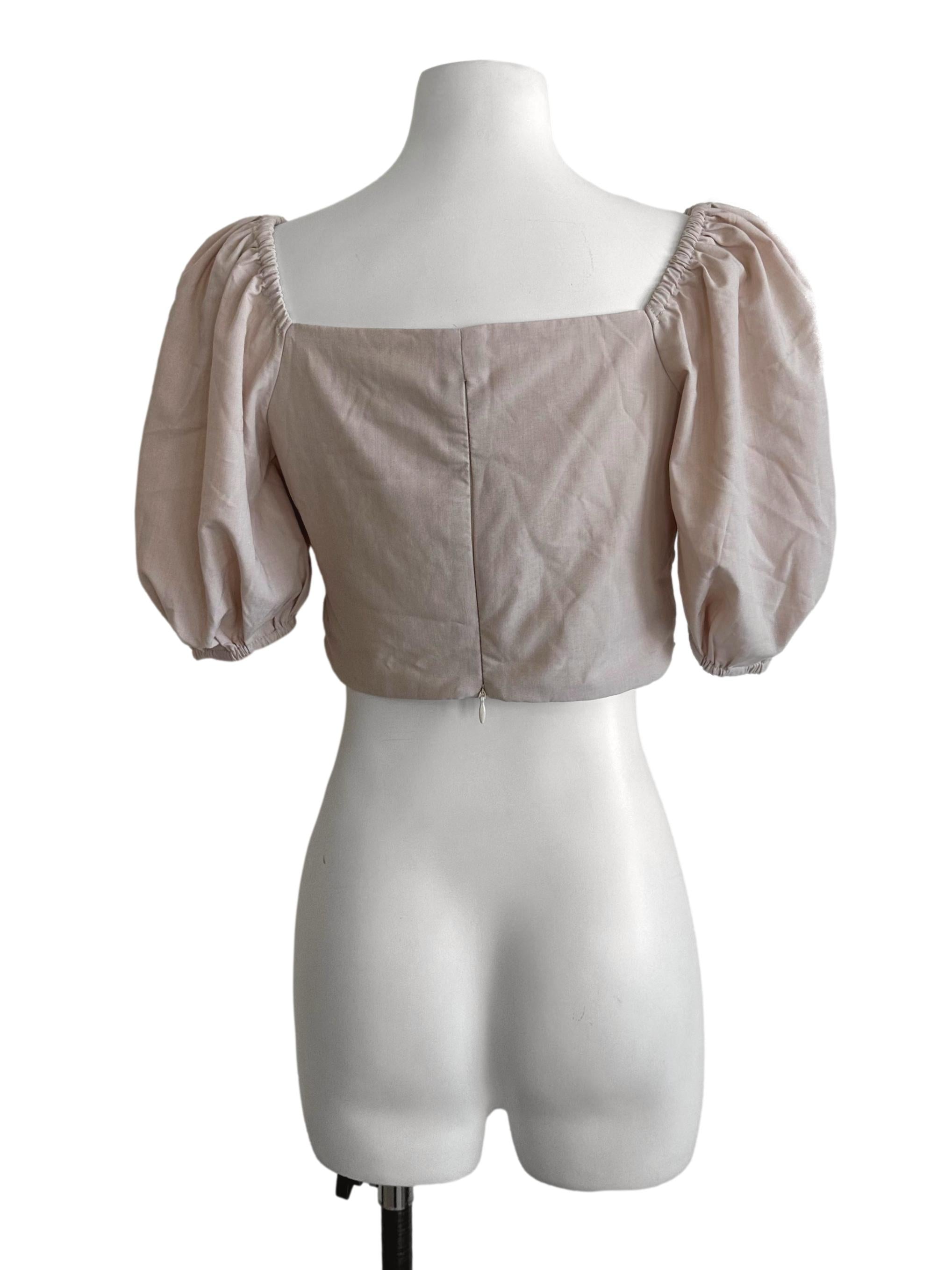 Sand Beige Ruched Puff Sleeve Top