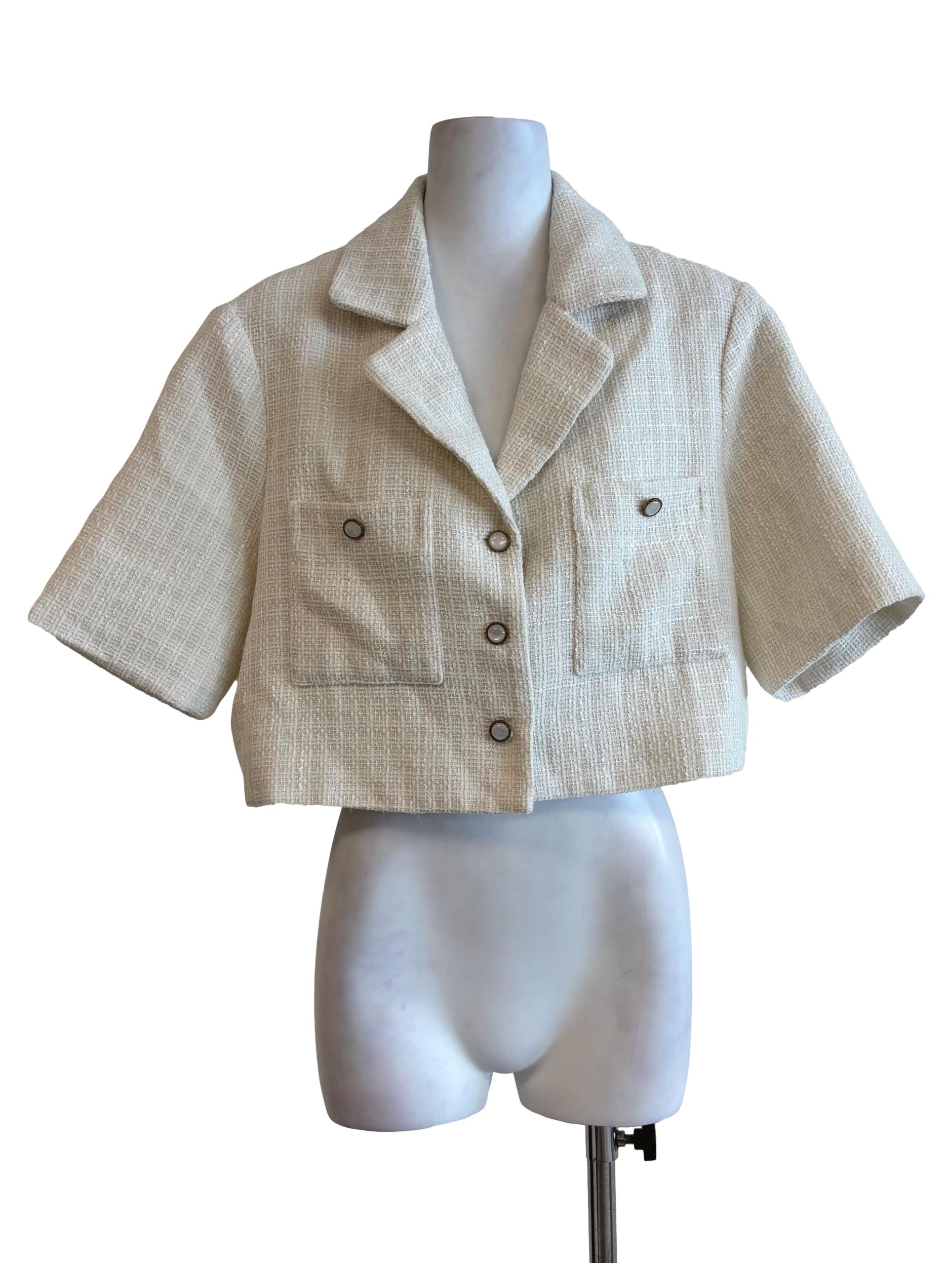 Rice White Buttoned Tweed Top
