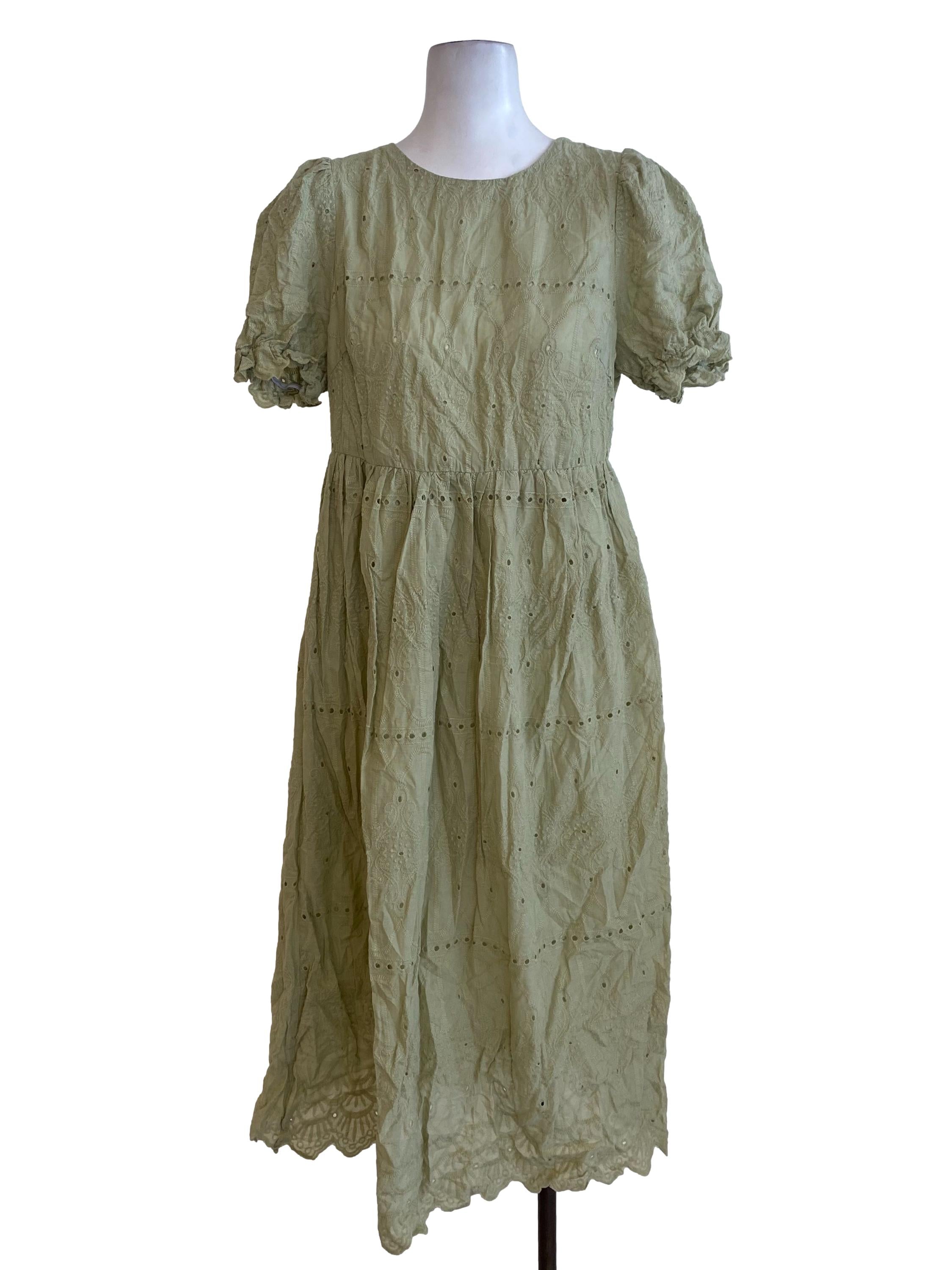 Green Embroidered Drop Waist Dress