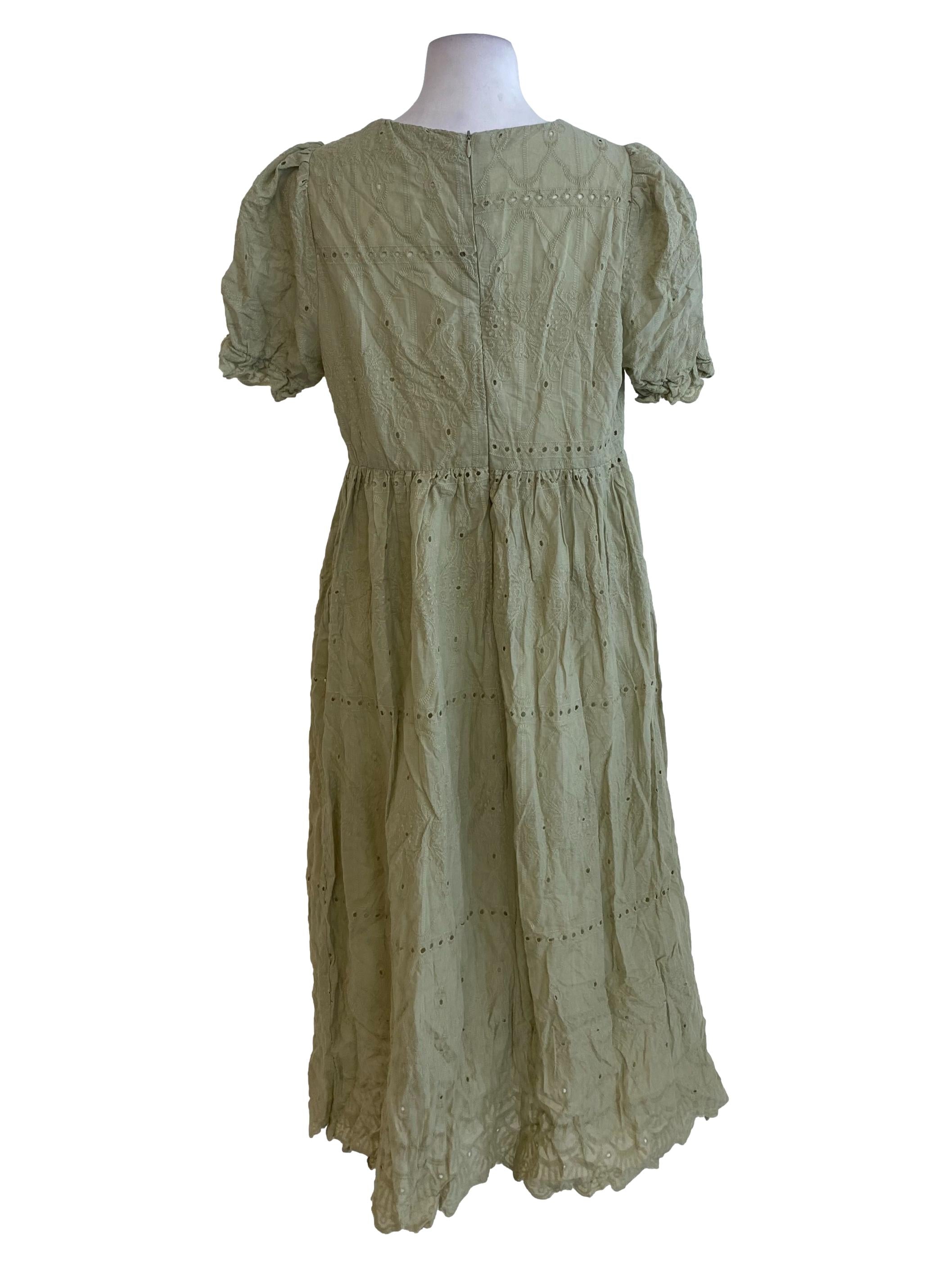 Green Embroidered Drop Waist Dress