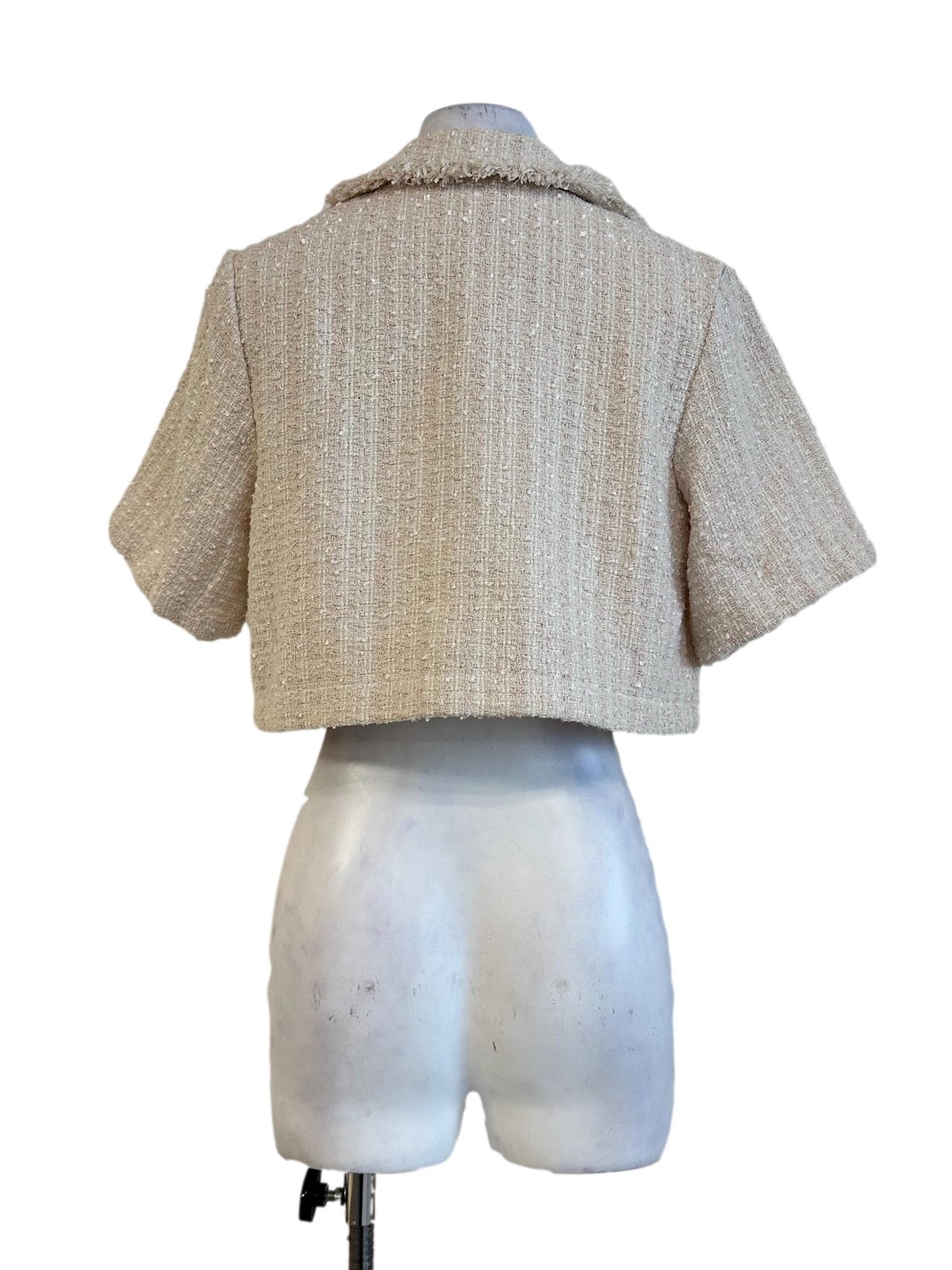 Light Blush Pink Tweed Pattern Collar Crop Jacket
