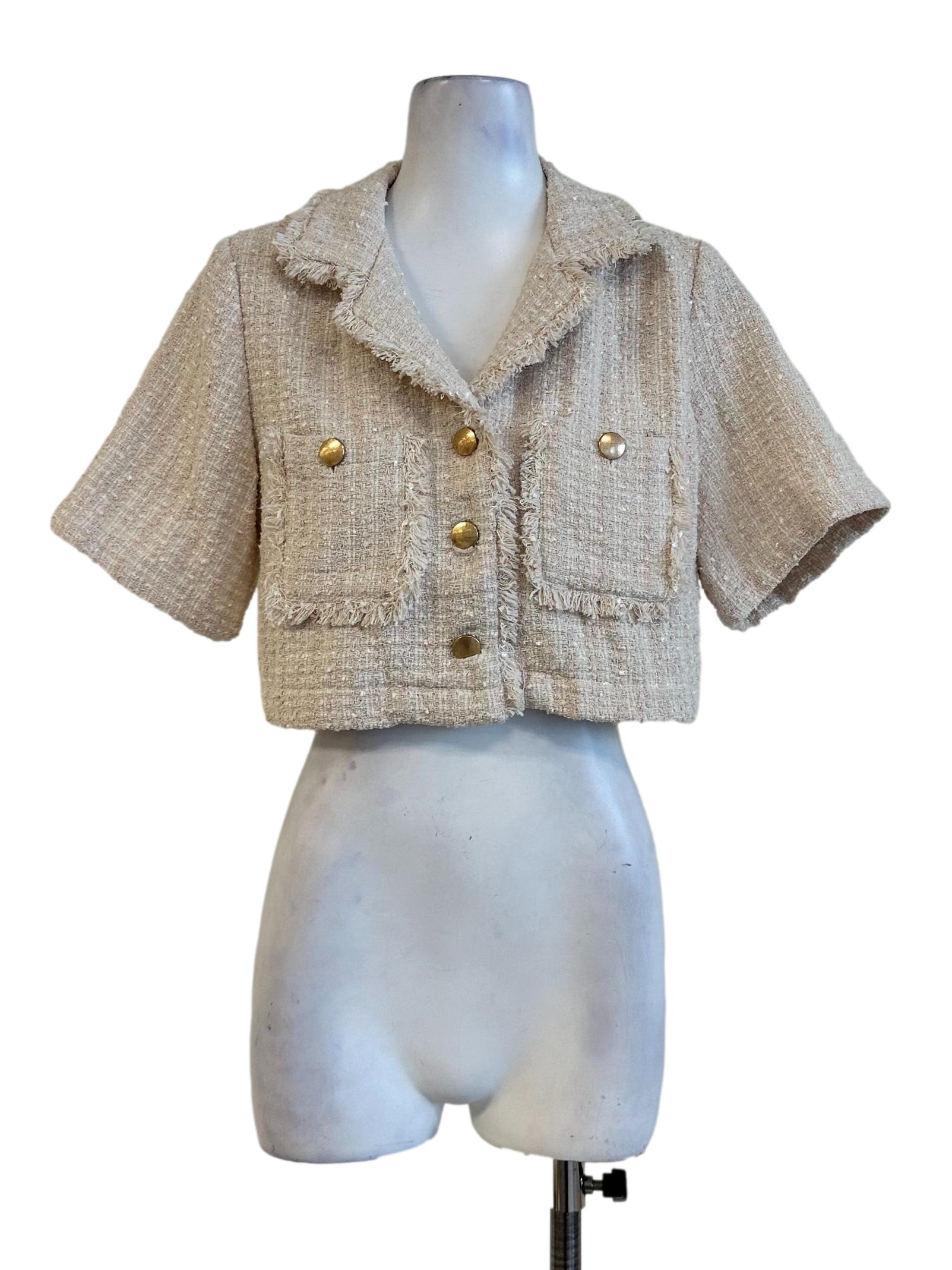 Light Blush Pink Tweed Pattern Collar Crop Jacket