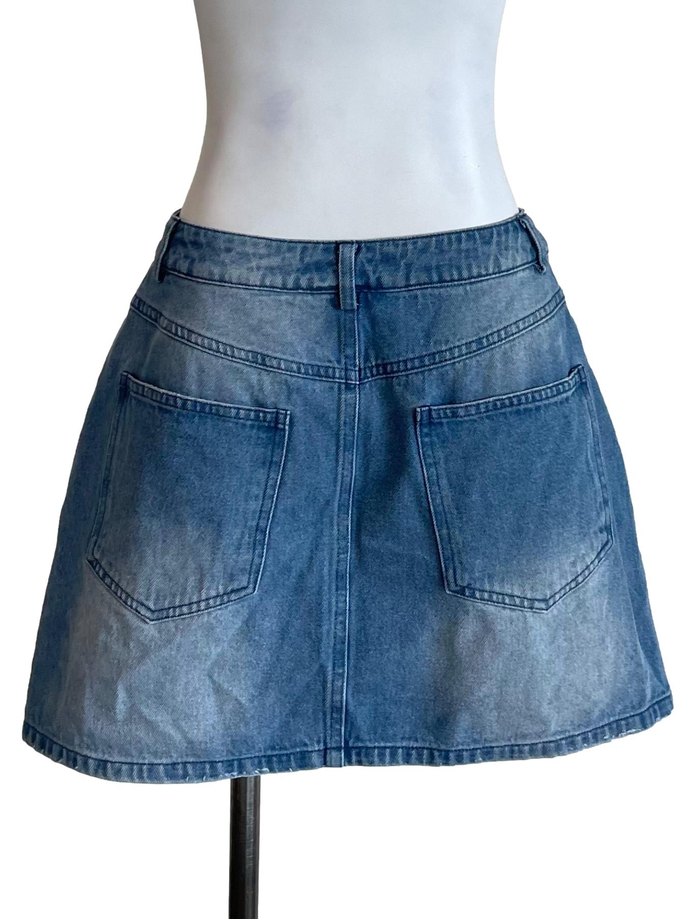 Blue A-Line Distressed Denim Skorts