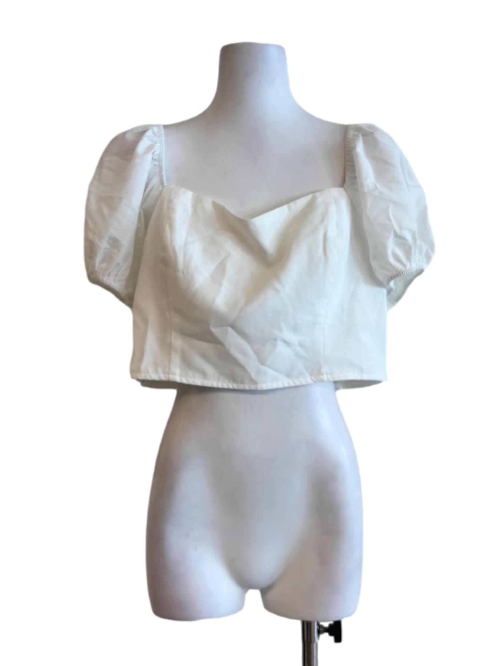 Powder White Puff Sleeve Cropped Blouse